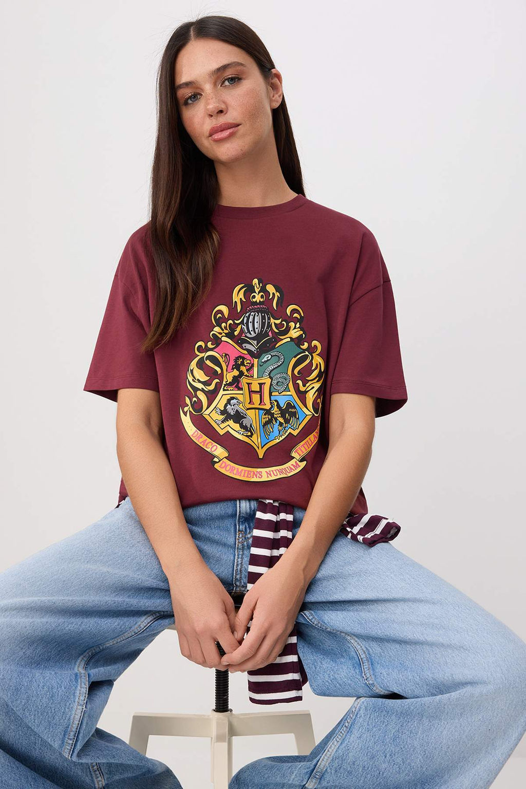 Bordo Harry Potter Lisansl? Oversize/Genis Kal?p Tok %100 Pamuk Orme T-Shirt TWOSS26TS00141