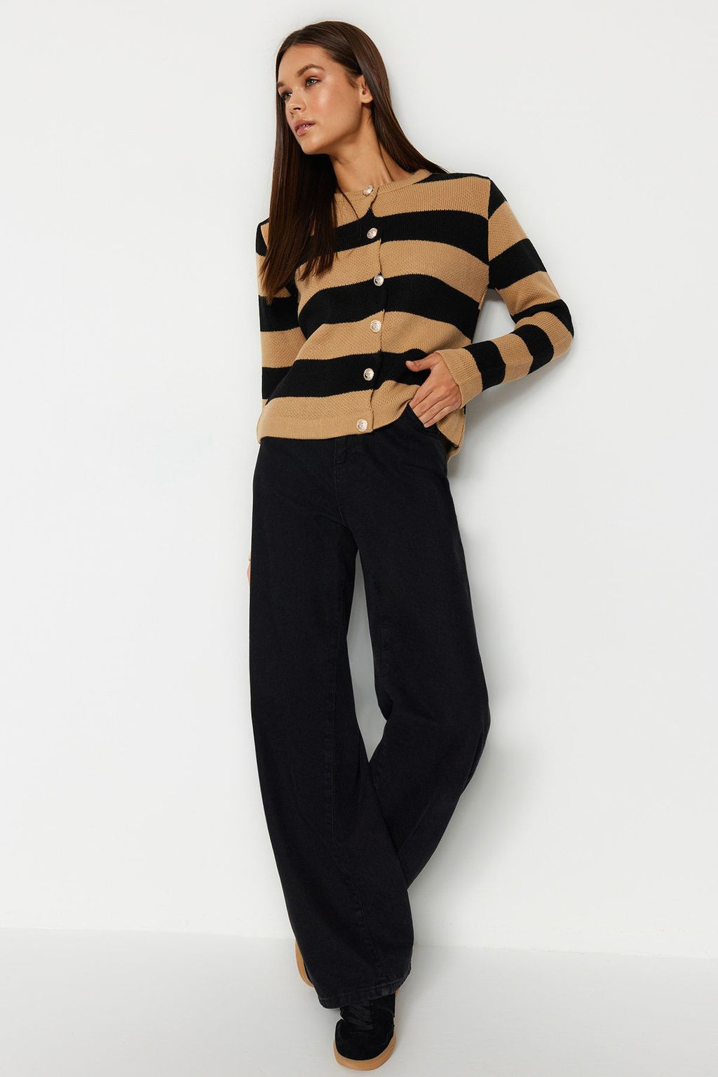 Camel Cizgili Basic Ceket Gorunumlu Triko H?rka TWOAW24HI00091