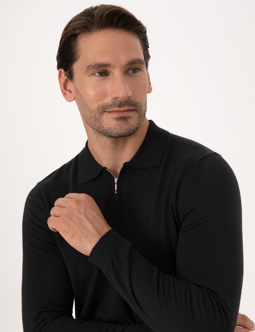 Siyah Regular Fit Y_n Kar___ml_ Fermuarl_ Polo Yaka Basic Triko Kazak - Cacharel фото 2