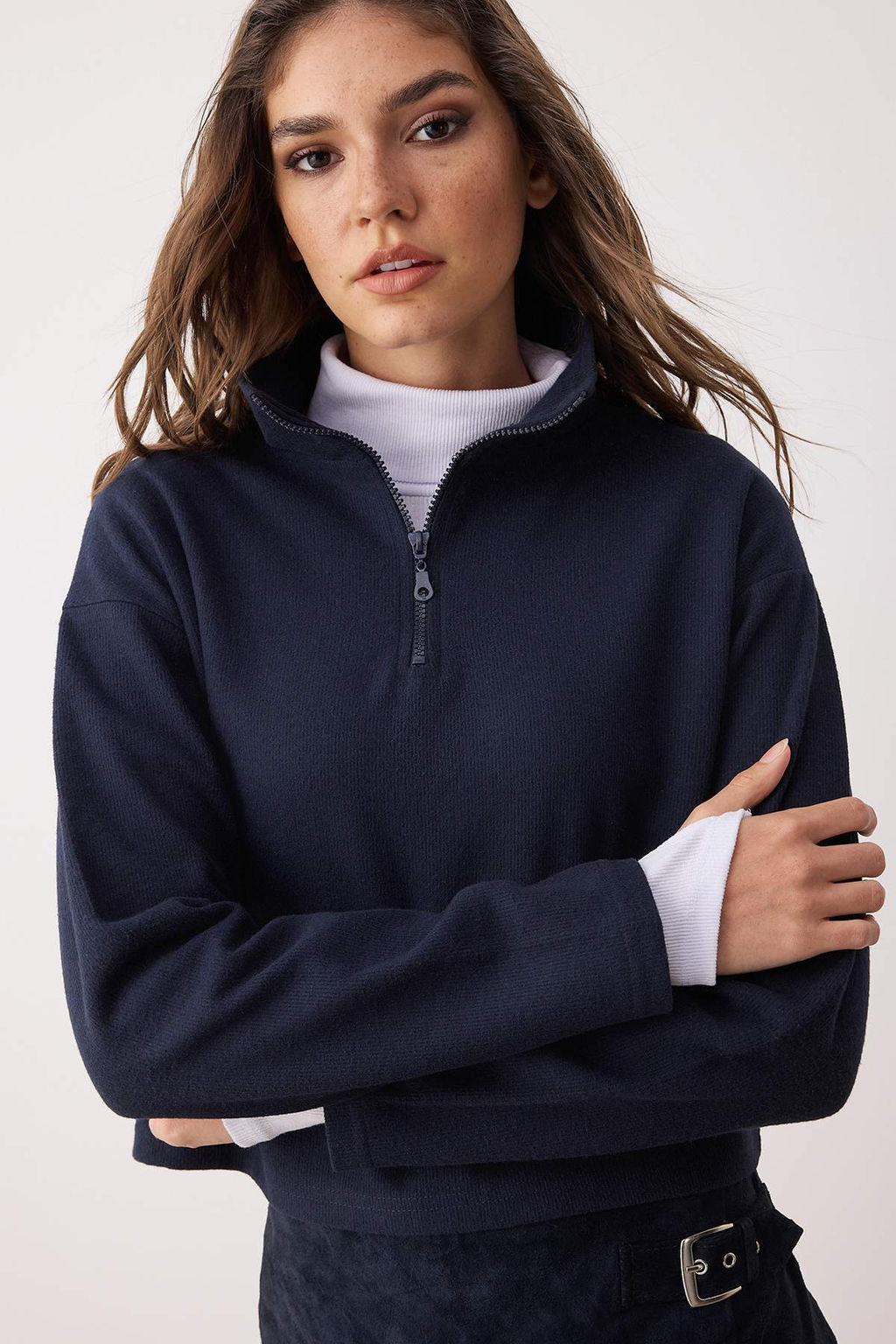 Lacivert Selanik/Triko Gorunumlu Fermuarl? Yaka Regular/Normal Kal?p Orme Sweatshirt TWOAW22SW0732