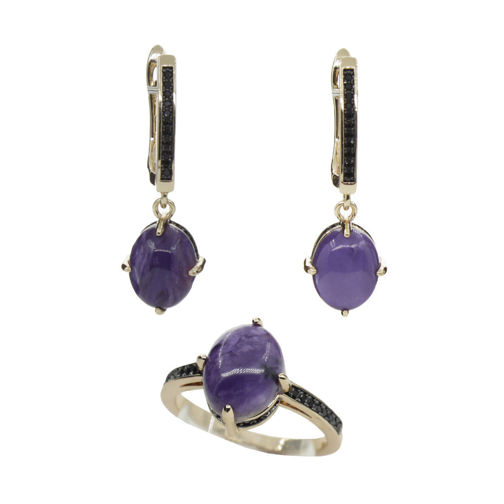 Комплект "Чара-16", чароит, покрытие под золото, размеры кольца: 17, 18, 19, 20