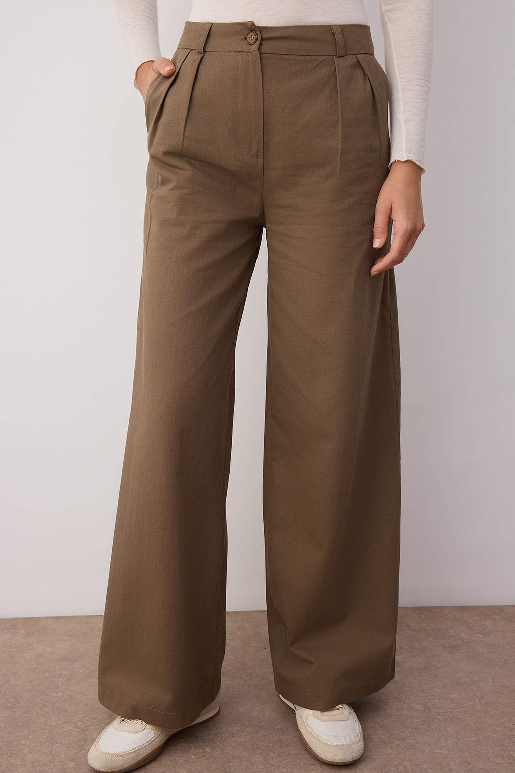 Kahverengi Ince Dokumlu Yumusak Tuseli %100 Pamuk Wide Leg/Genis Paca Pantolon TWOAW26PL00010 - Trendyolmilla фото 3