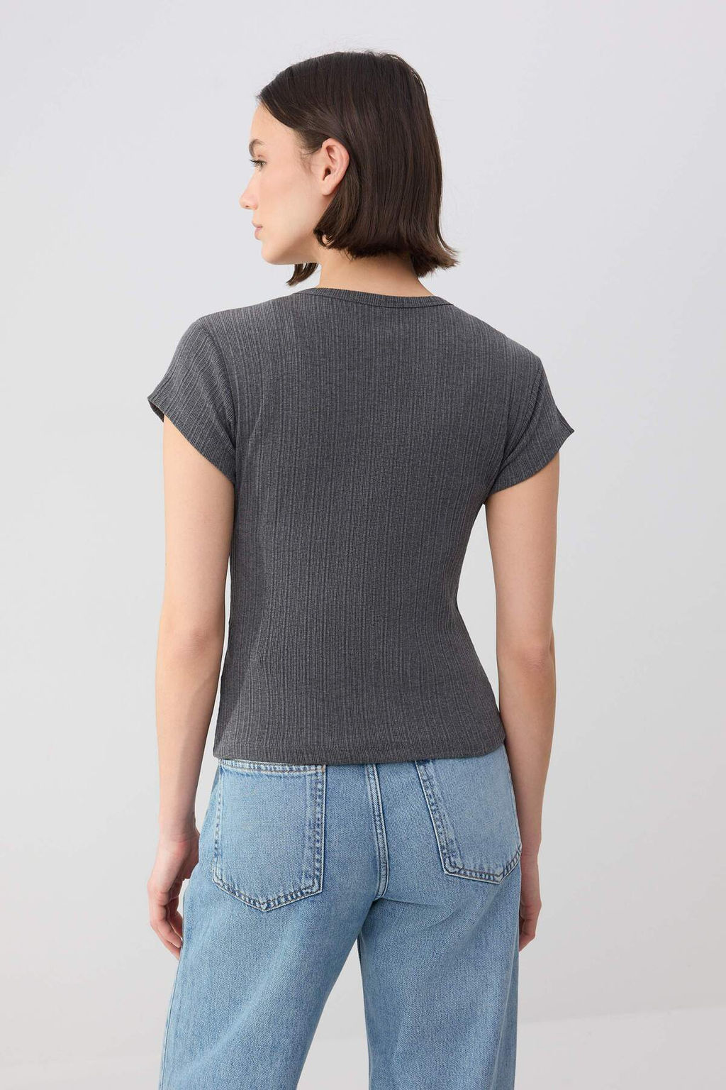 Wardrobe Essentials-Antrasit Fitted/Vucuda Oturan Polo Yaka Fitilli Esnek Orme Bluz TWOSS26BZ00357