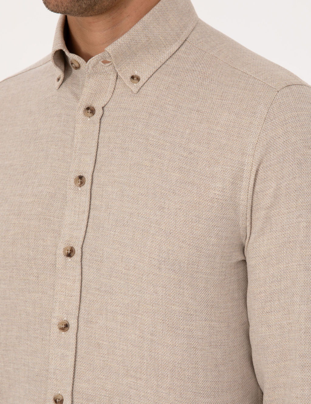 Bej Slim Fit Dokulu Uzun Kollu G_mlek