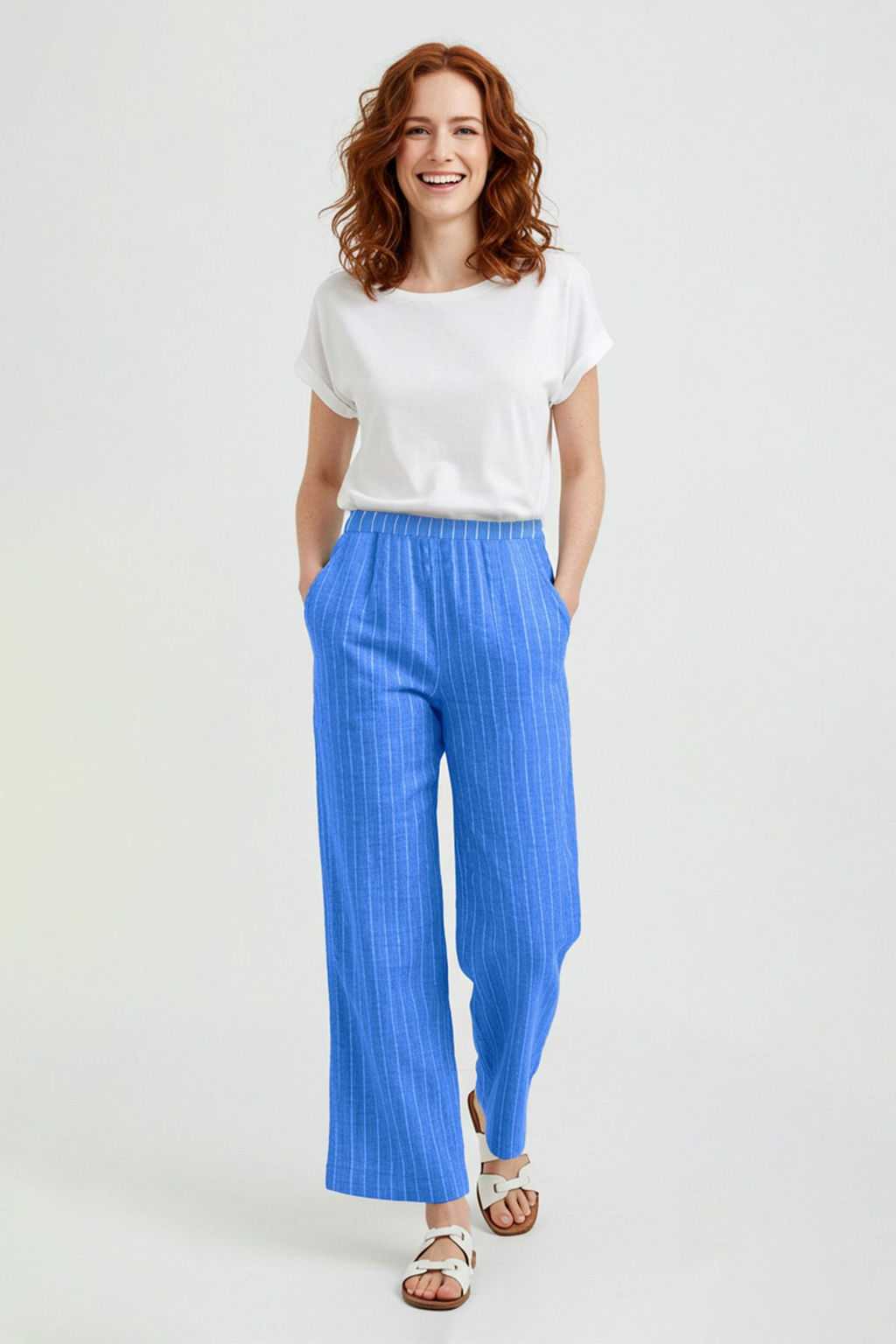 TRENDYOLMILLA Mavi Cizgili Crinkle Normal Bel Wide Leg/Genis Paca Dokuma Pantolon TWOSS25PL00017  фото 10