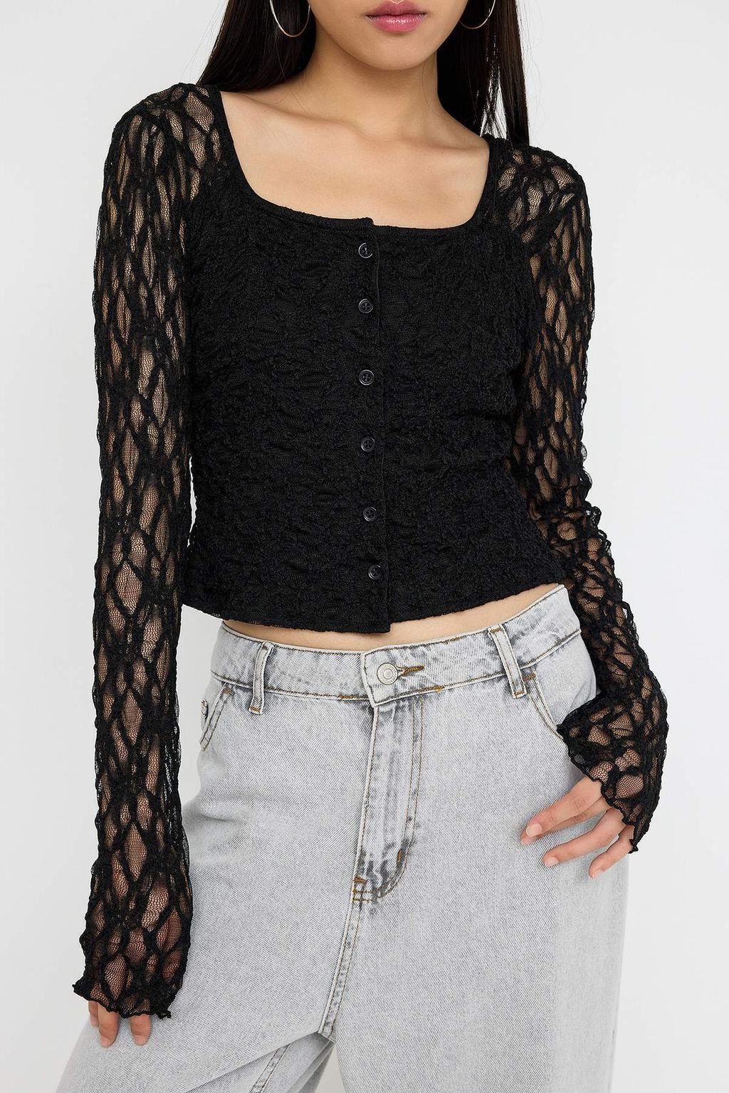 Teen Siyah Dugmeli Fitted/Vucuda Oturan Dantel Orme Bluz TWOAW26BZ00016