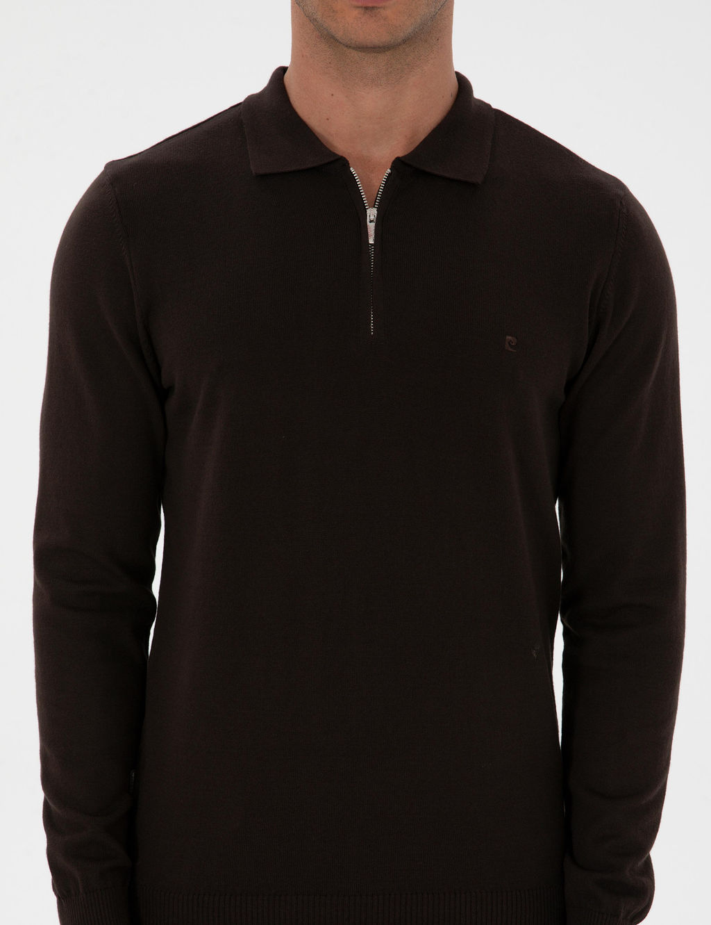 Koyu Kahverengi Slim Fit Polo Yaka Fermuarl_ Basic Triko Kazak - Pierre cardin фото 6