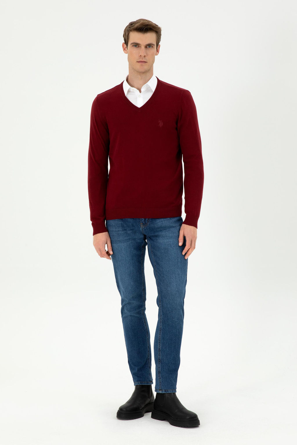 Erkek Slim Fit V Yaka Bordo Basic Kazak - U.s. polo assn фото 4