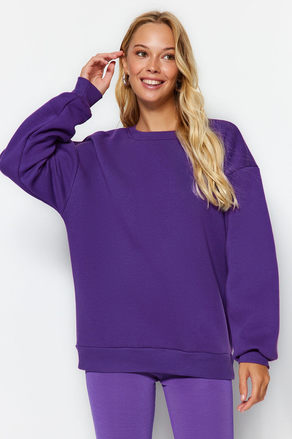 Mor Oversize/Rahat Kesim Basic Bisiklet Yaka Kal?n/Ici polarl? Orme Sweatshirt TWOAW24SW00102