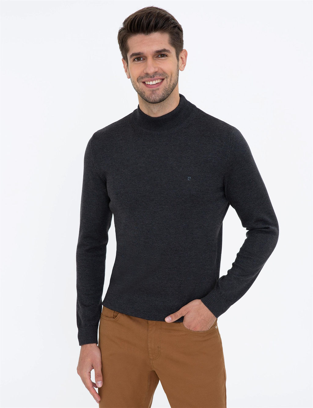Antrasit Melanj Slim Fit Yar_m Bal_k__ Yaka Basic Triko Kazak