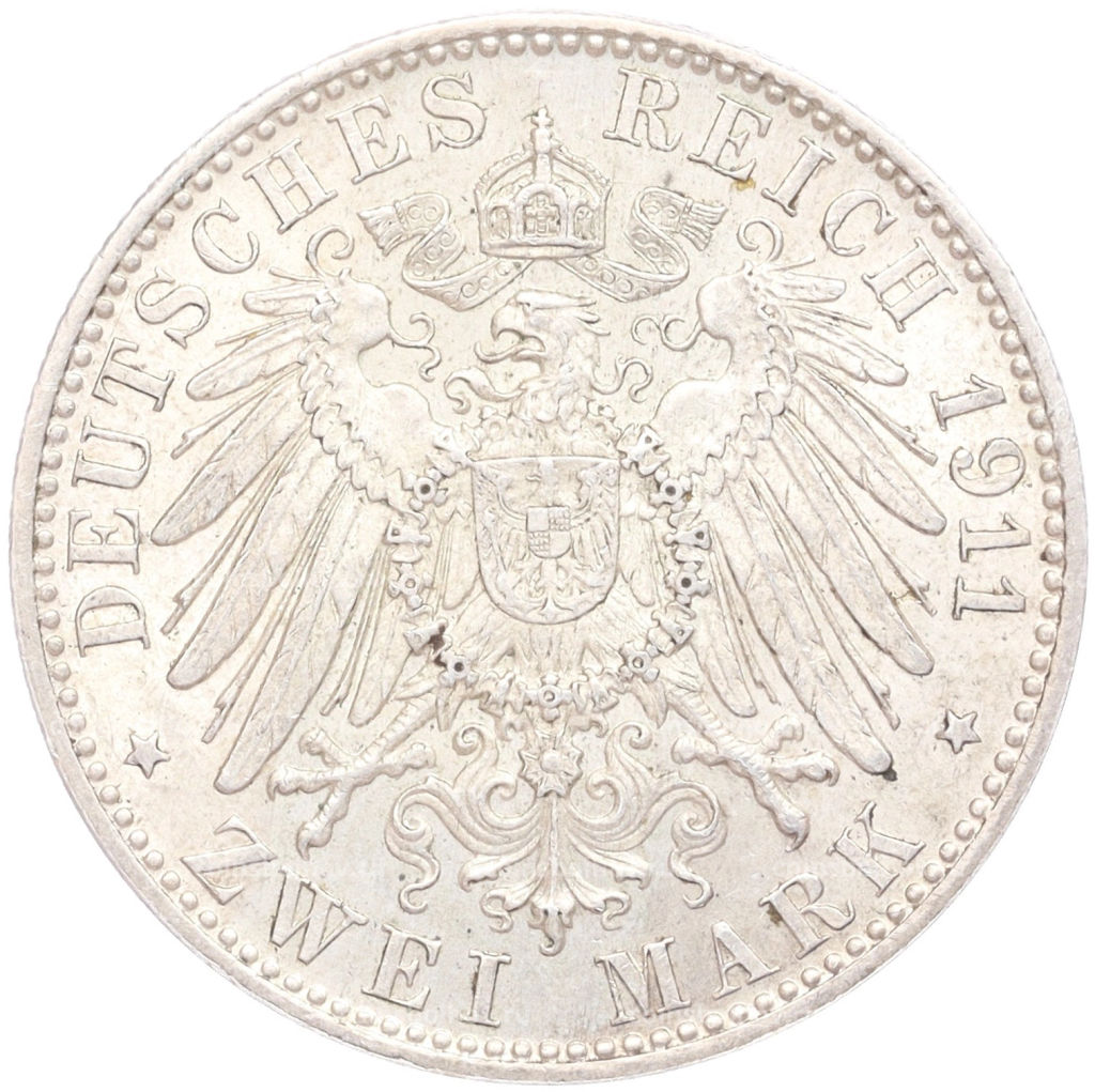 Монета 2 марки 1911 года D Германия (Бавария) 90 лет со дня рождения Луитпольда Баварского