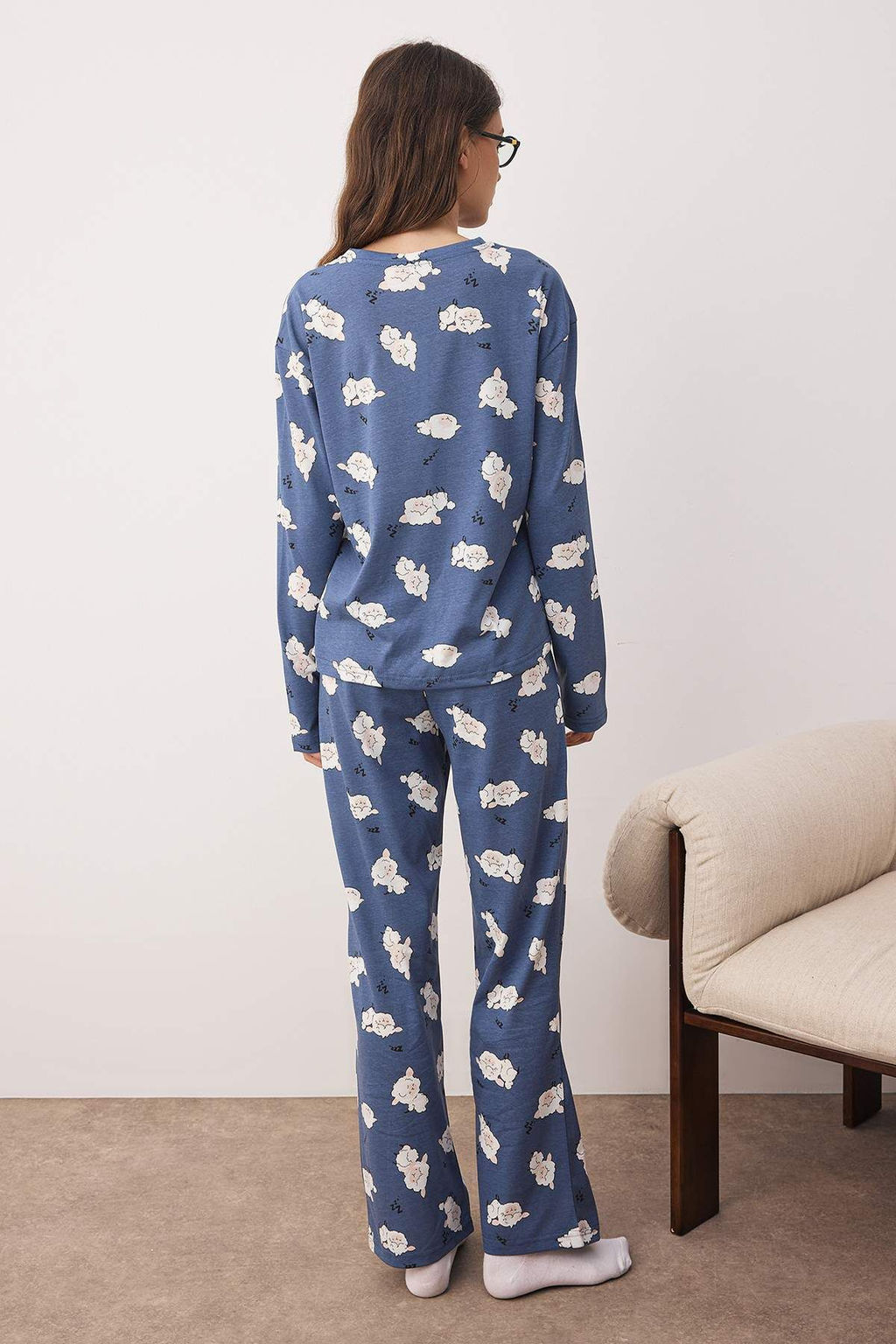 Lacivert Uyku Temal? Kuzu Desenli Orme Pijama Tak?m? THMAW26PT00046 - Trendyolmilla фото 8