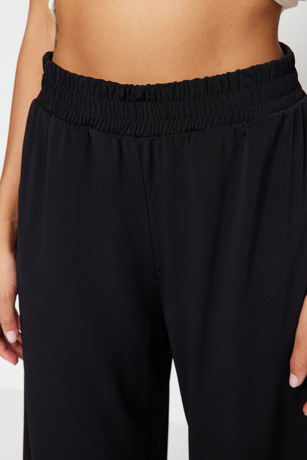 Siyah Wide Leg/Rahat Kesim Yuksek Bel Esnek Orme Pantolon TWOSS23PL00129