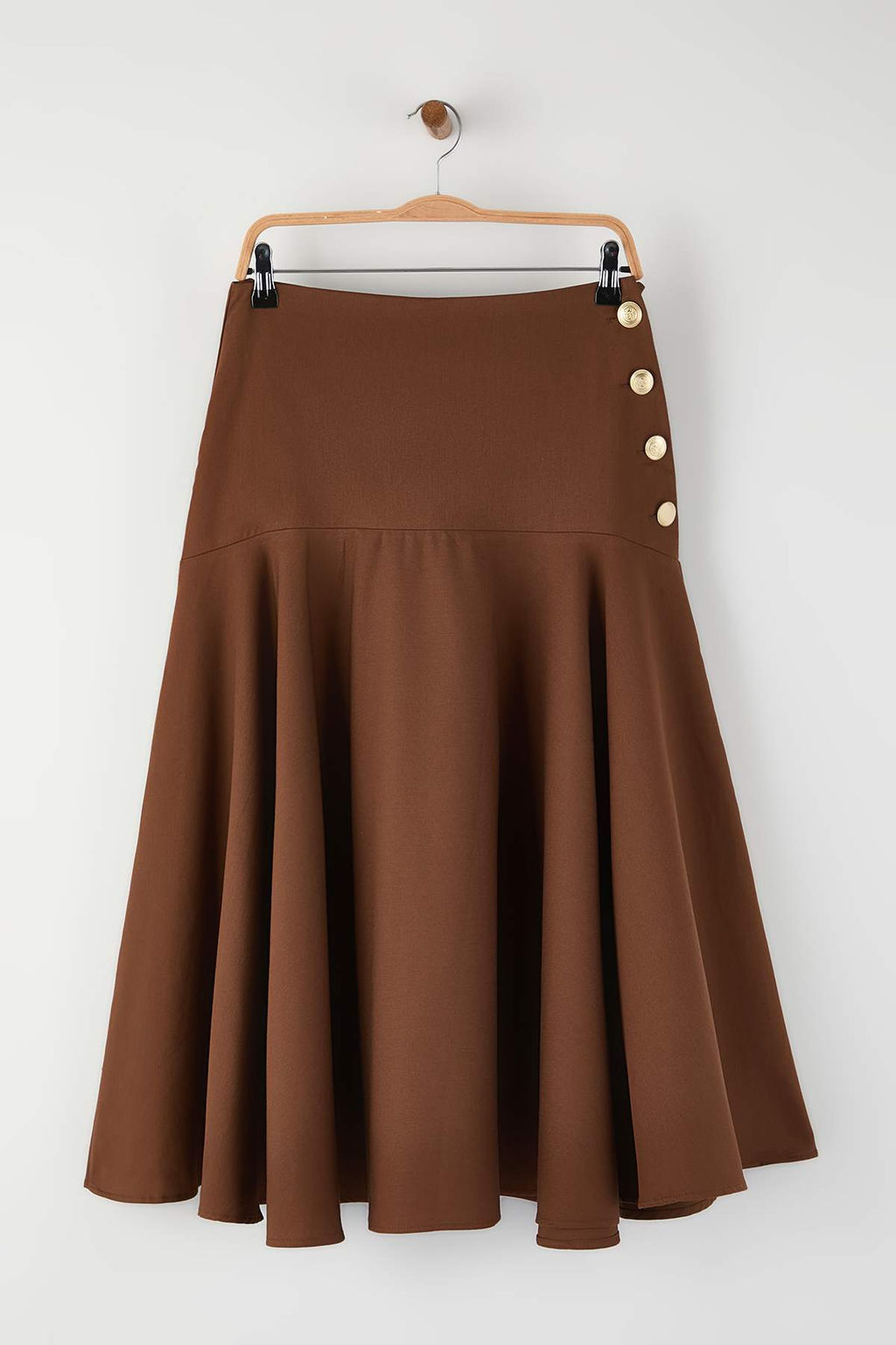 Koyu Kahverengi Dugme Detayl? Midi Boy Gabardin Pamuklu Klos Etek TWOAW26ET00033