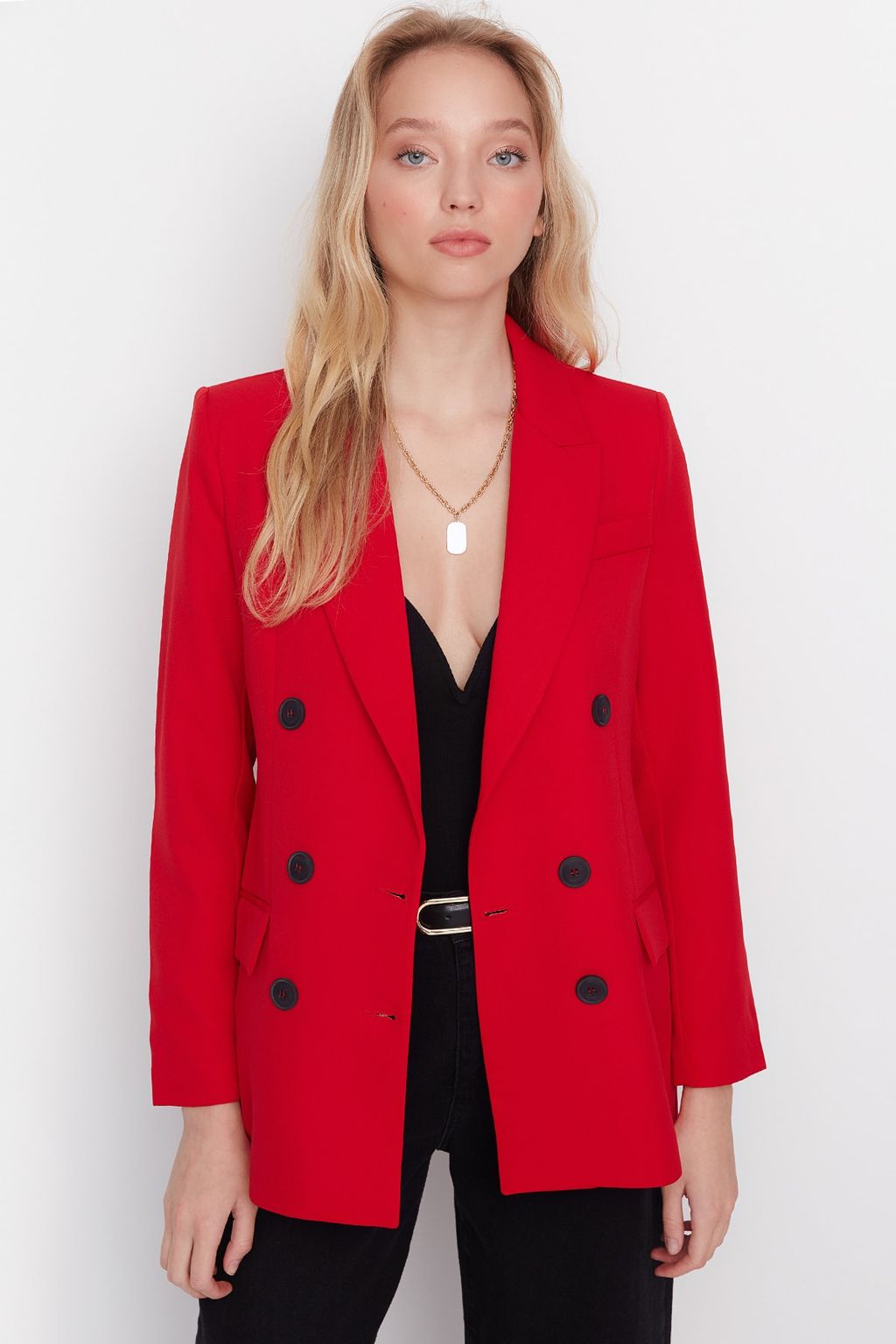 TRENDYOLMILLA K?rm?z? Dokuma Astarl? Kruvaze Kapama Blazer Ceket TWOAW23BC00019