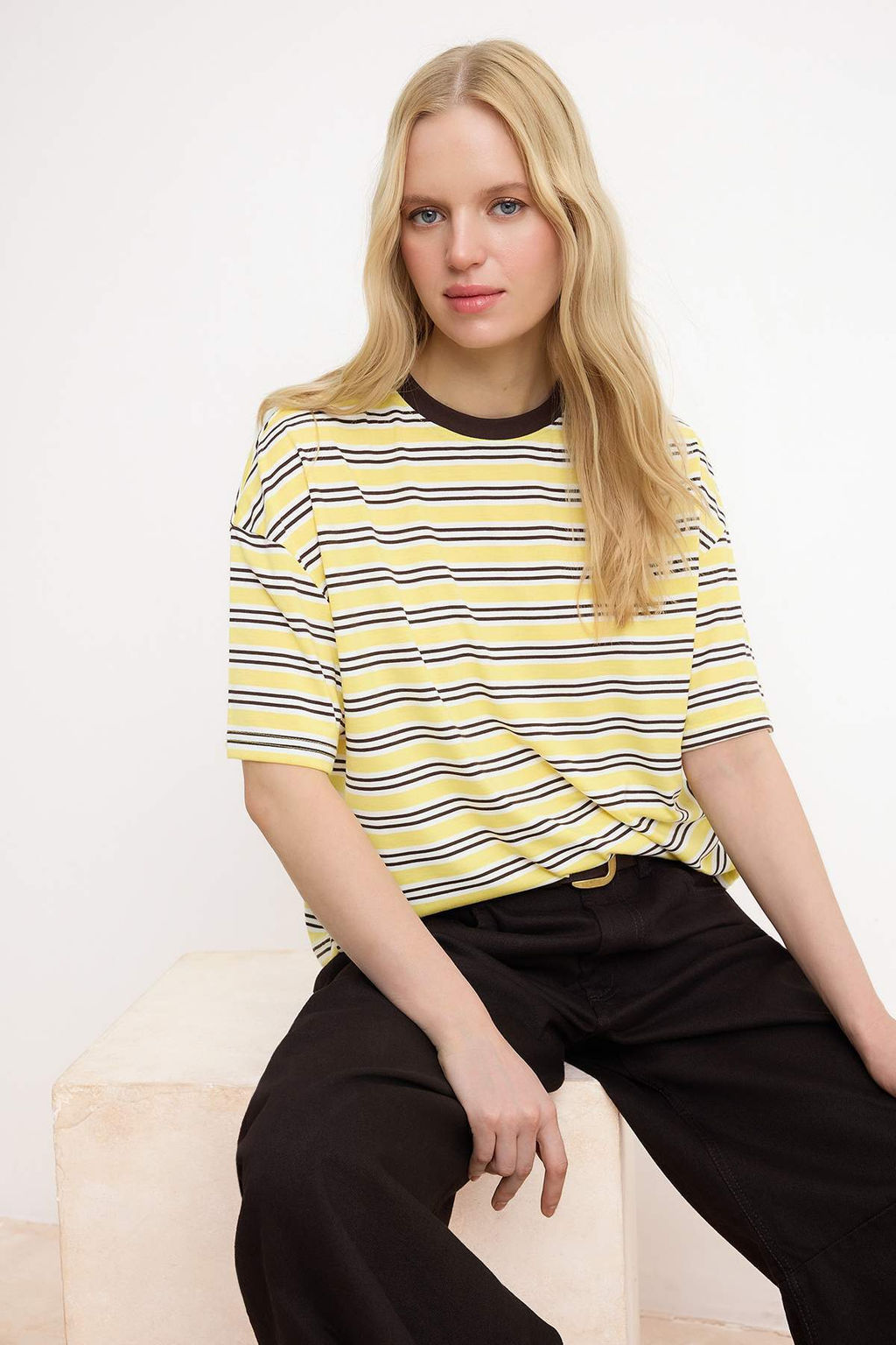 Pembe Cizgili Boxy Dusuk Kol K?sa Kollu Tok %100 Pamuk Orme T-Shirt TWOSS26TS00023 - Trendyolmilla фото 5