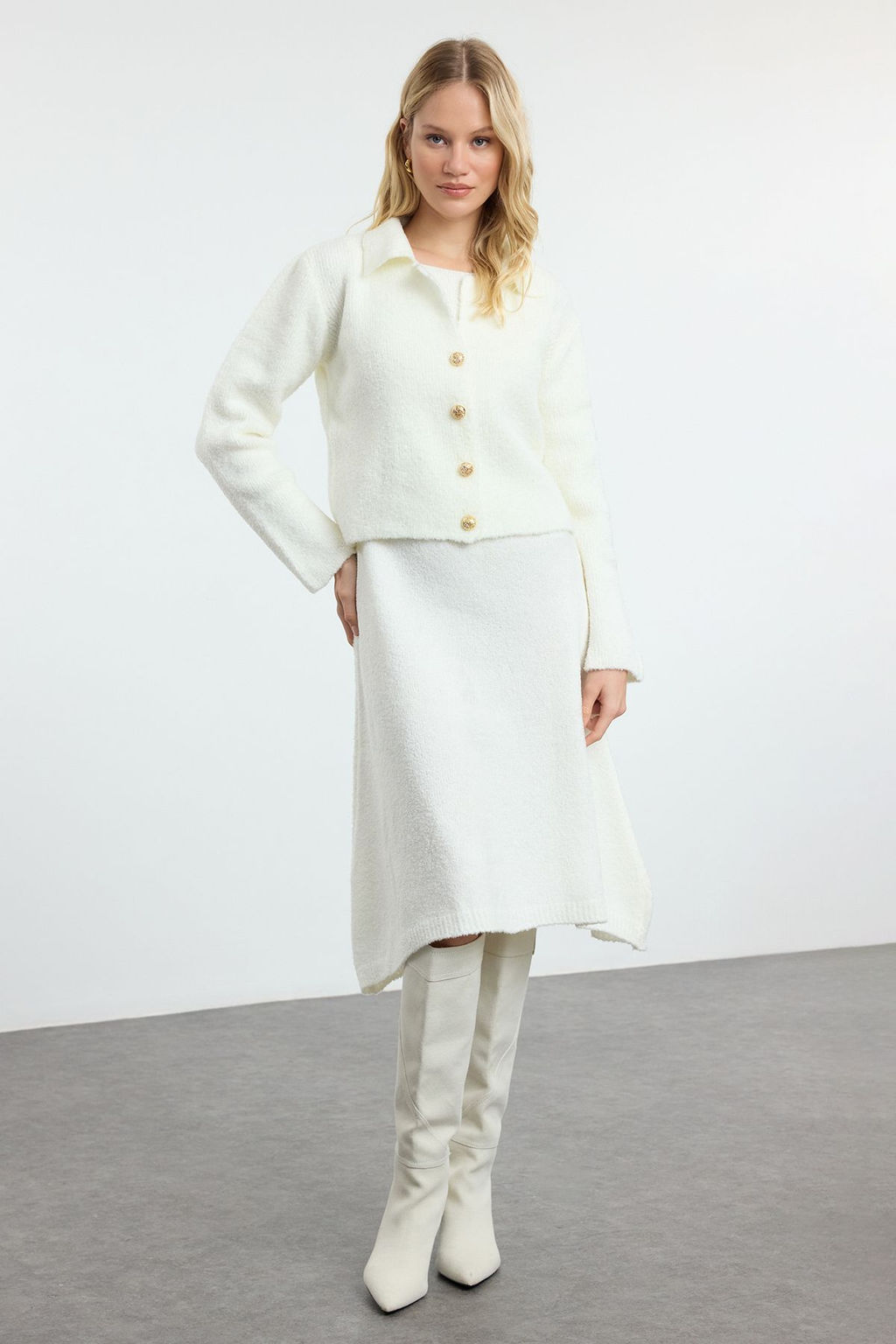 Ekru Midi Triko Ceket Gorunumlu H?rka-Elbise Tak?m TWOAW25EL00082 - Trendyolmilla фото 2