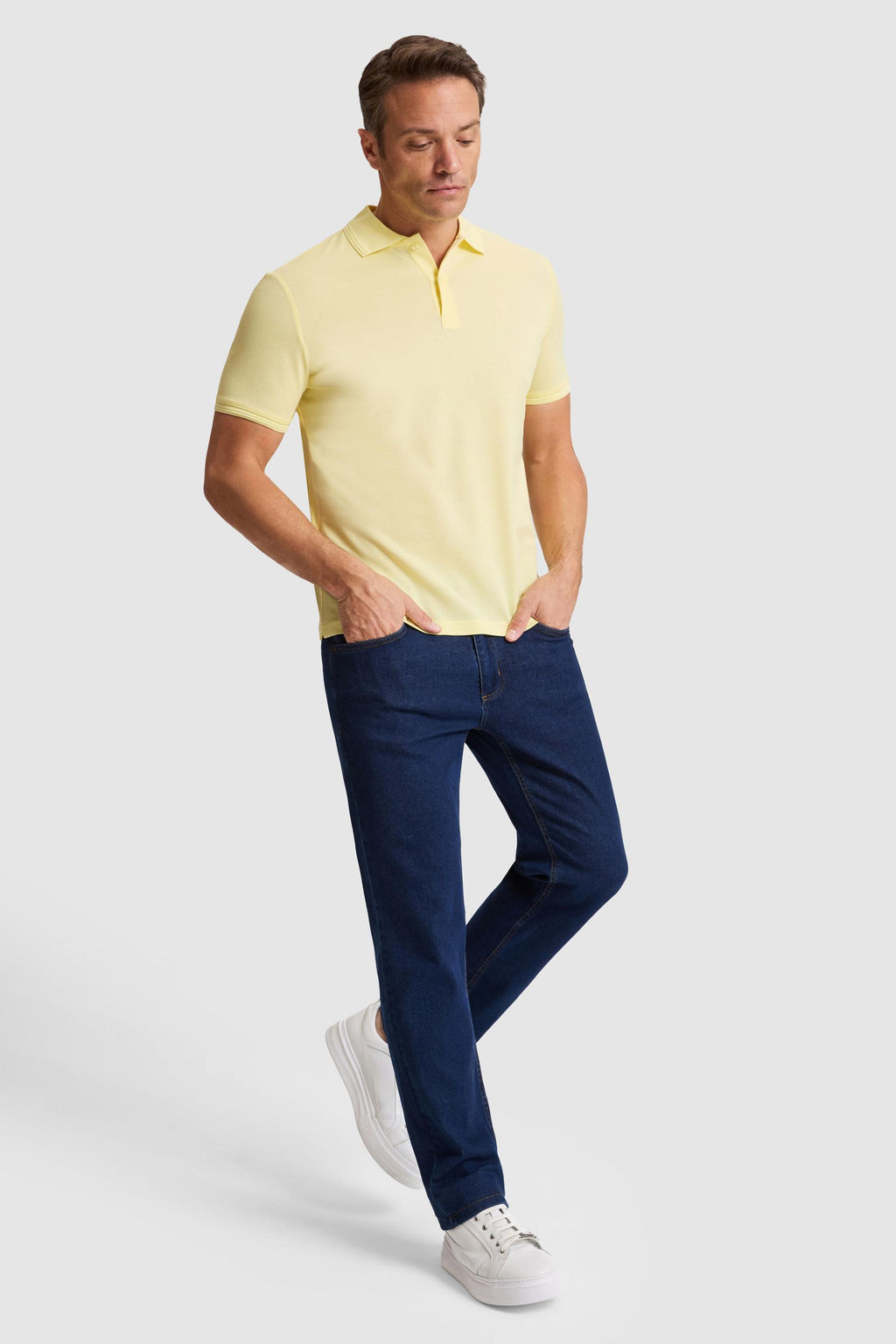 Erkek A__k Sar_ Regular Fit Polo Yaka Basic Ti__rt