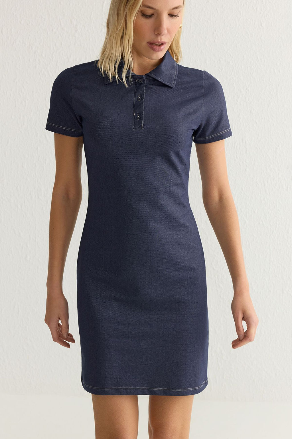 Indigo Bodycone/Vucuda Oturan Polo Yaka Mini Orme Elbise TWOSS25EL00068