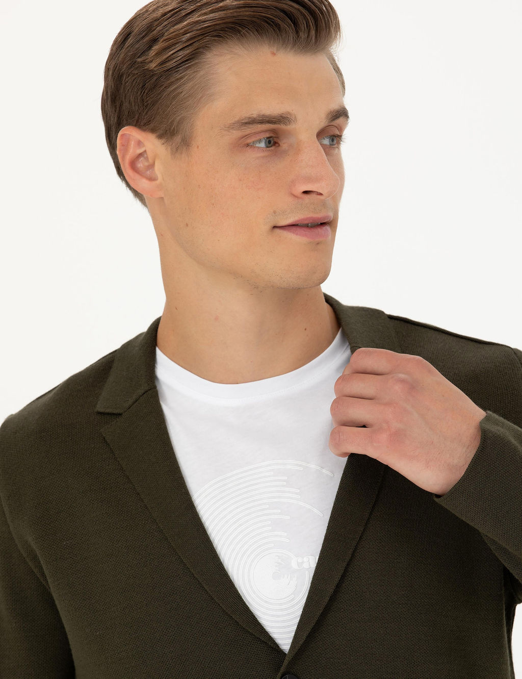 Трикотажный кардиган приталенного кроя цвета хаки с V-образным вырезом - Cacharel фото 2