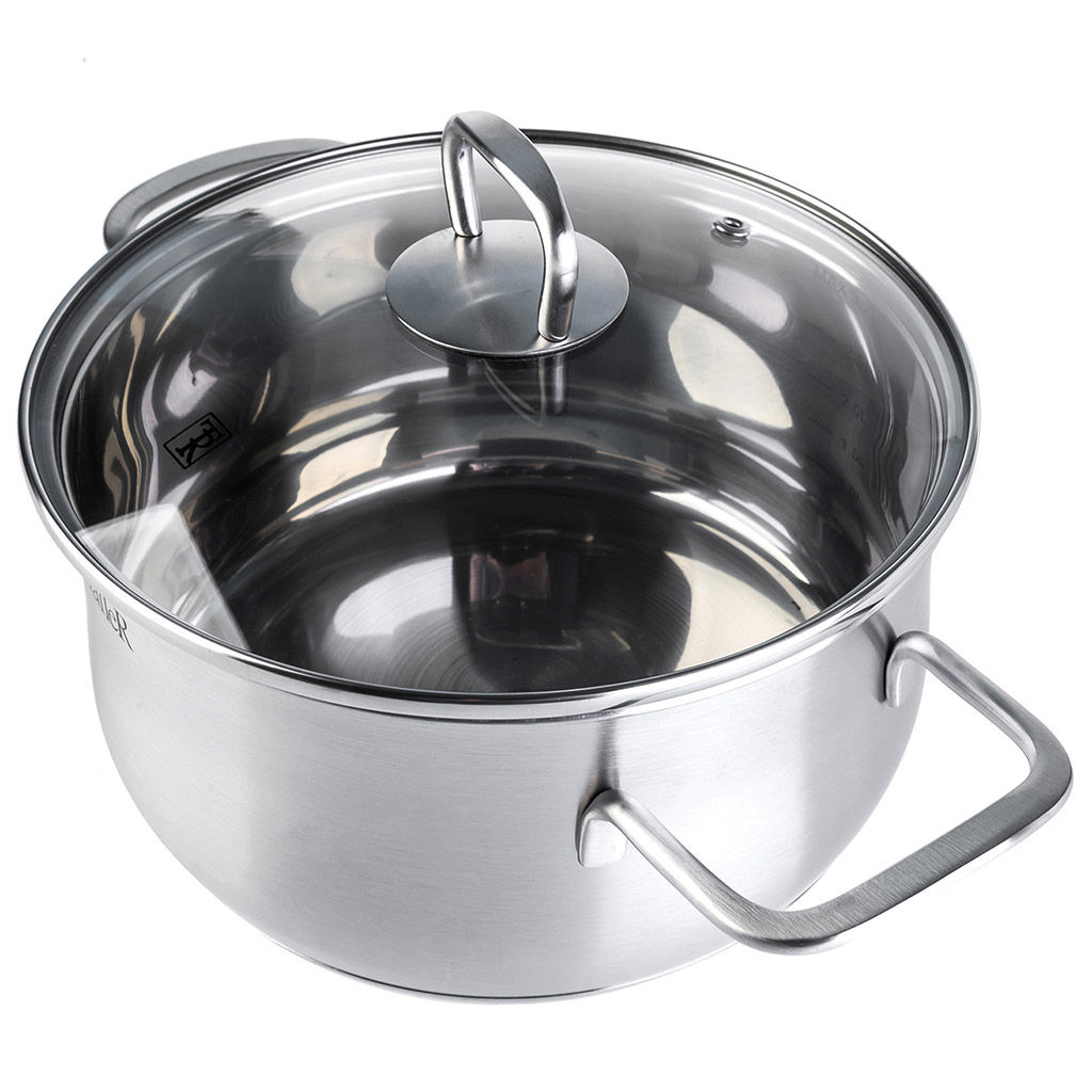 Набор кастрюль из нержавеющей стали Бригг 3 штуки: 2,2л - д18см, h9см, 3,2л - д20см, h10,5см, 5,2л - д24см, h11,5см, s0,5мм, дно s2,7мм, полировка матовая снаружи, зеркальная внутри, стеклянная жаропрочная крышка, стальной обод, пароотвод, ручки с - Домашняя мода фото 2