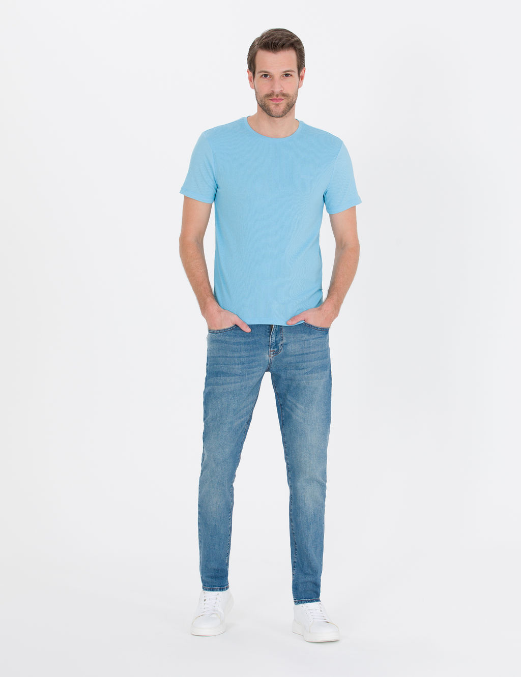 A__k Mavi Slim Fit Dokulu Bisiklet Yaka Ti__rt
