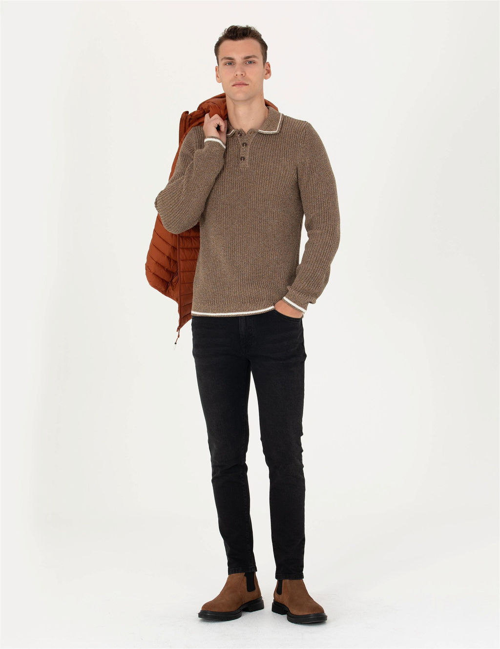 Kahverengi Slim Fit D__meli Polo Yaka Triko Kazak - Pierre cardin фото 4