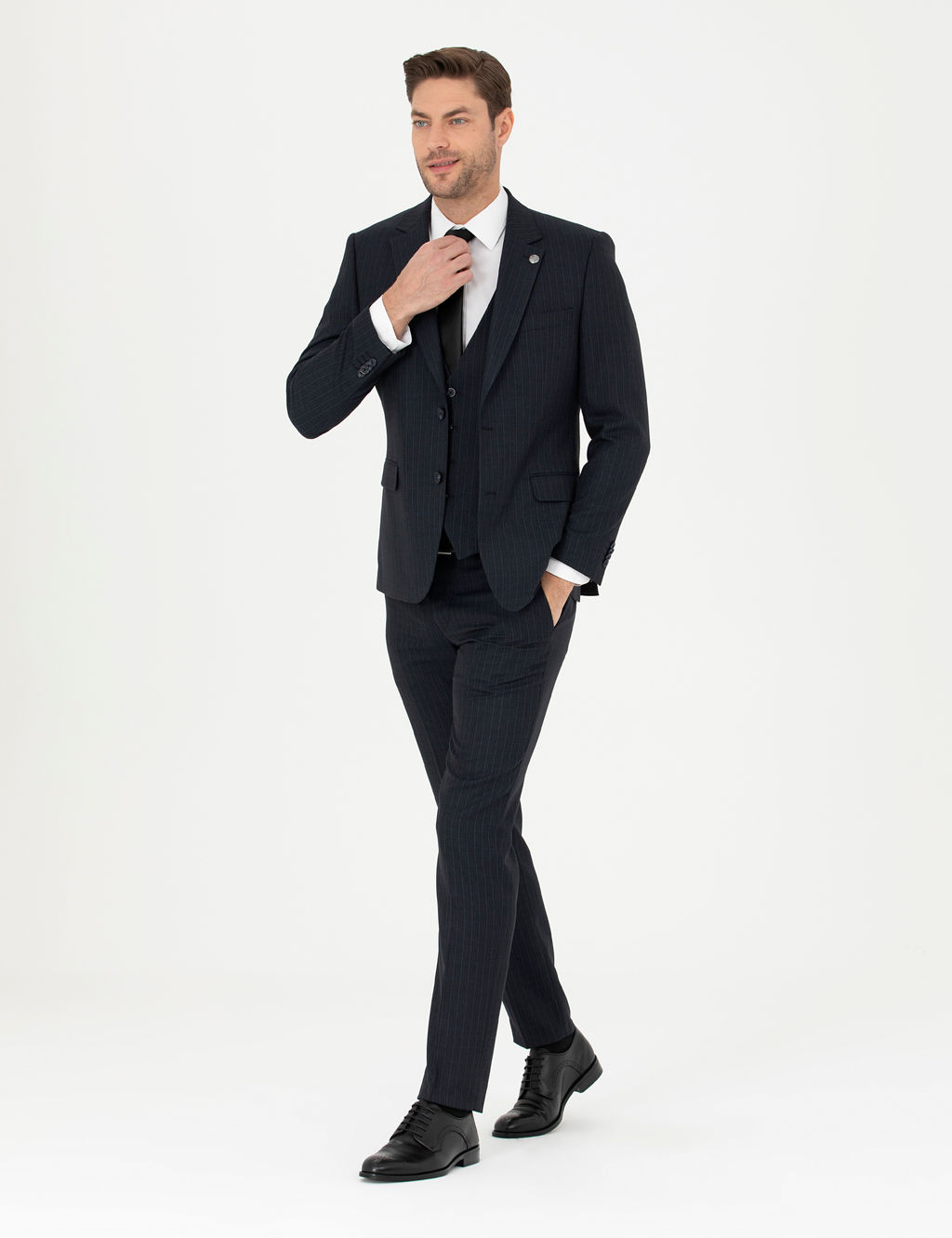 Lacivert Slim Fit _izgili Yelekli Tak_m Elbise