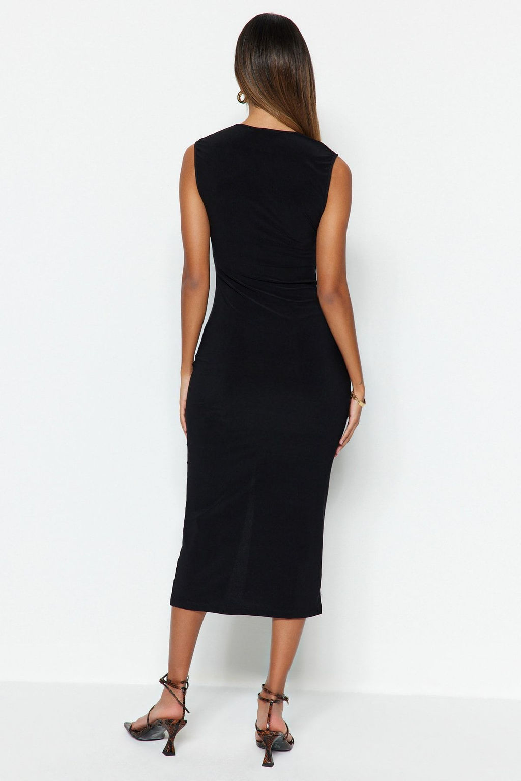 TRENDYOLMILLA Siyah Fitted/Vucuda Oturan Buzgu Detayl? Midi Esnek Orme Kalem Elbise TWOSS23EL00751  фото 10