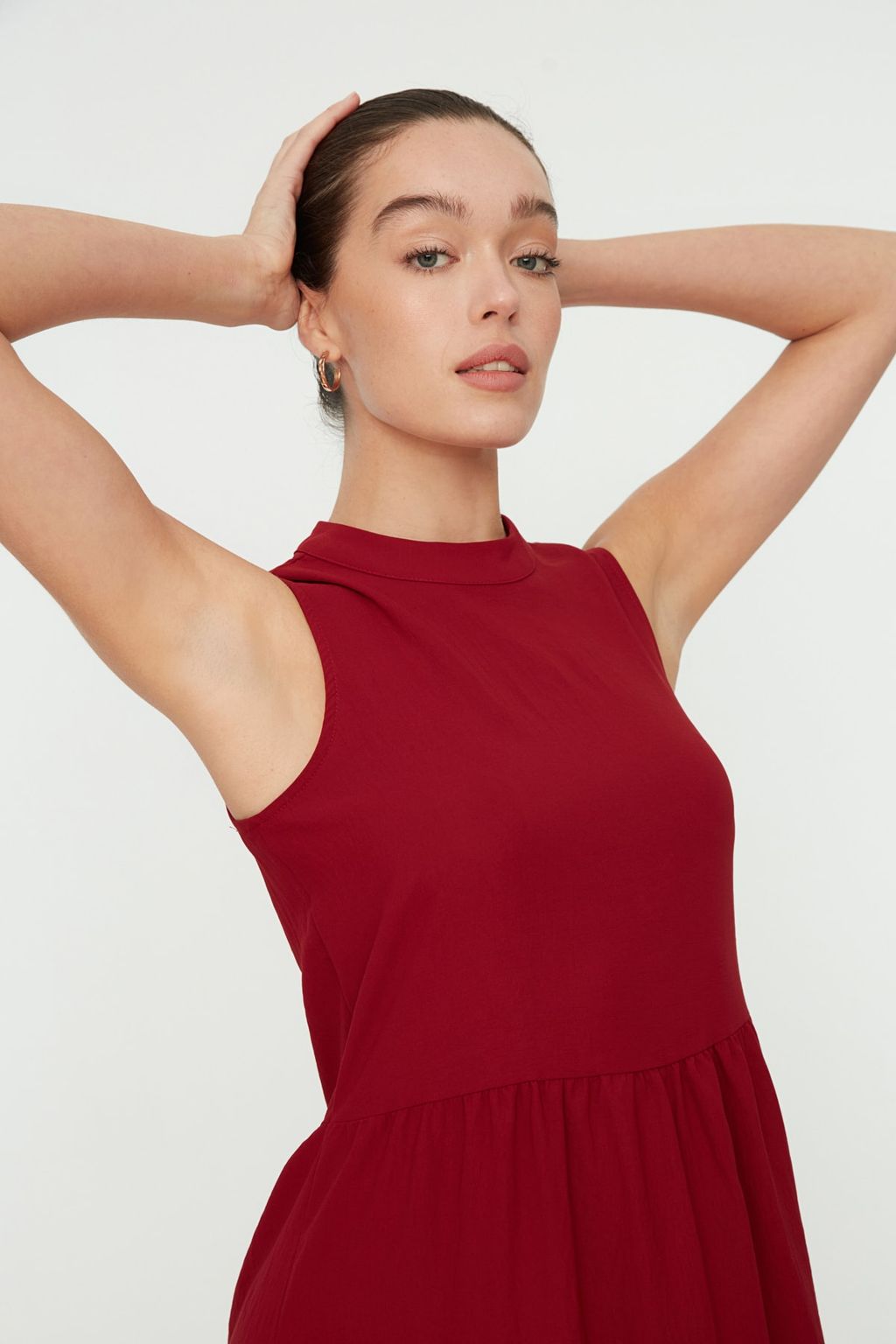 Bordo Shift/Duz Kesim Dik Yaka Midi Dokuma Elbise TWOSS20EL1864