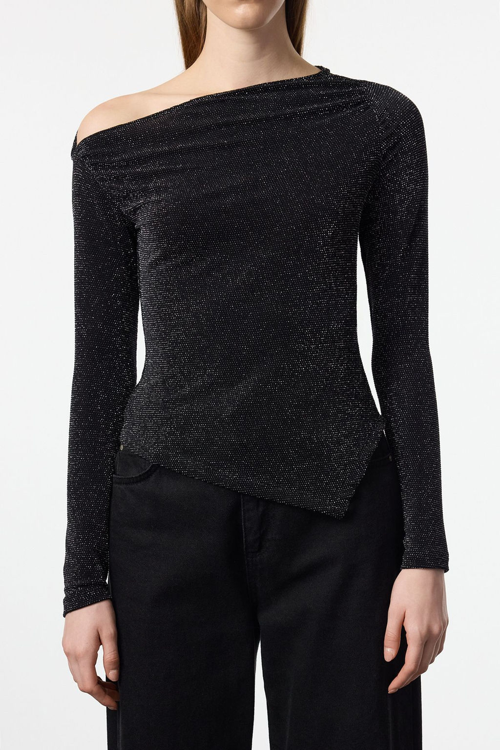 Antrasit Asimetrik Yaka Simli Orme S?k/Gece Party Bluz TPRAW25BZ00018