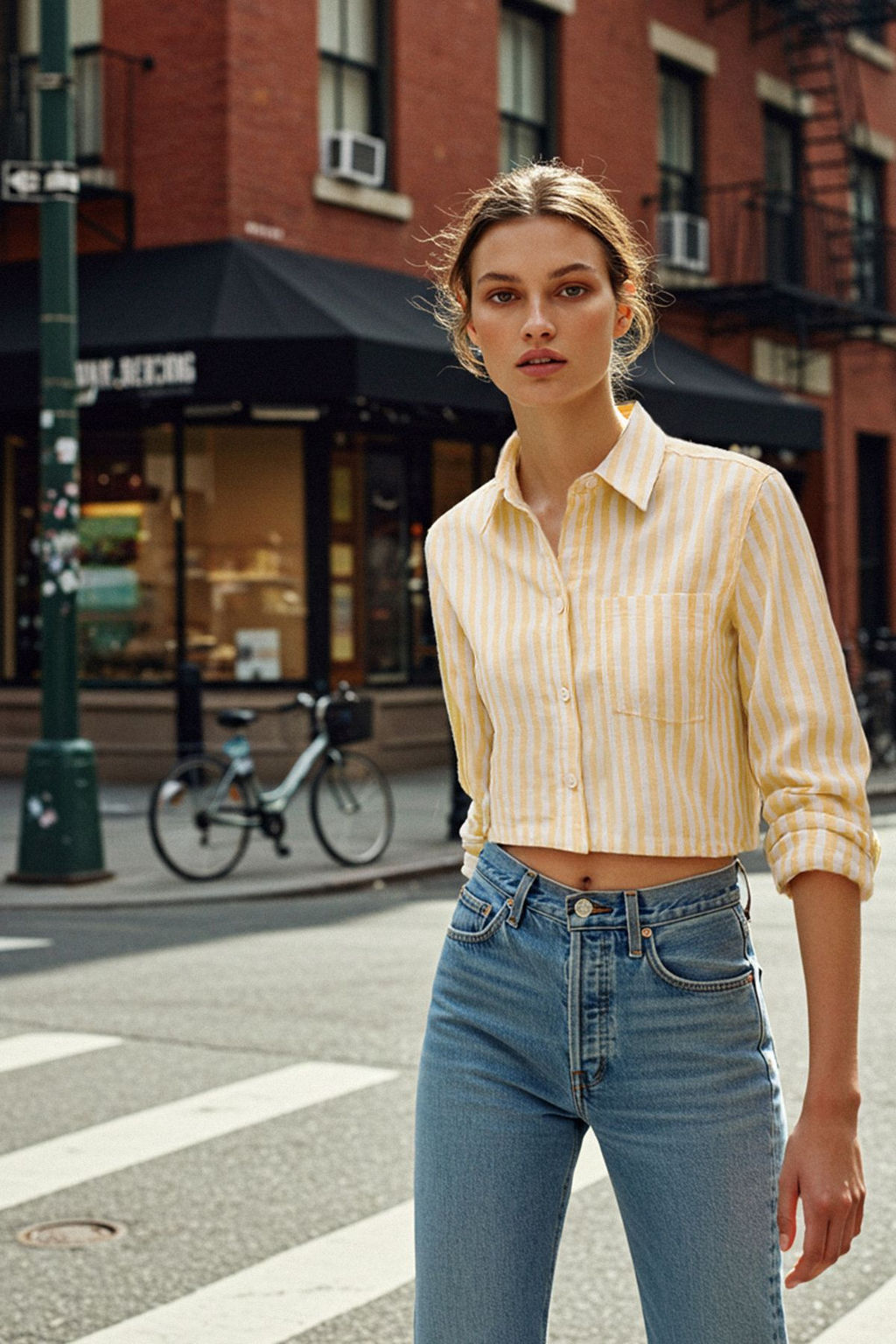 TRENDYOLMILLA Sar? Cizgili Crop Regular Boxy Kal?p Dokuma Gomlek TWOSS25GO00106