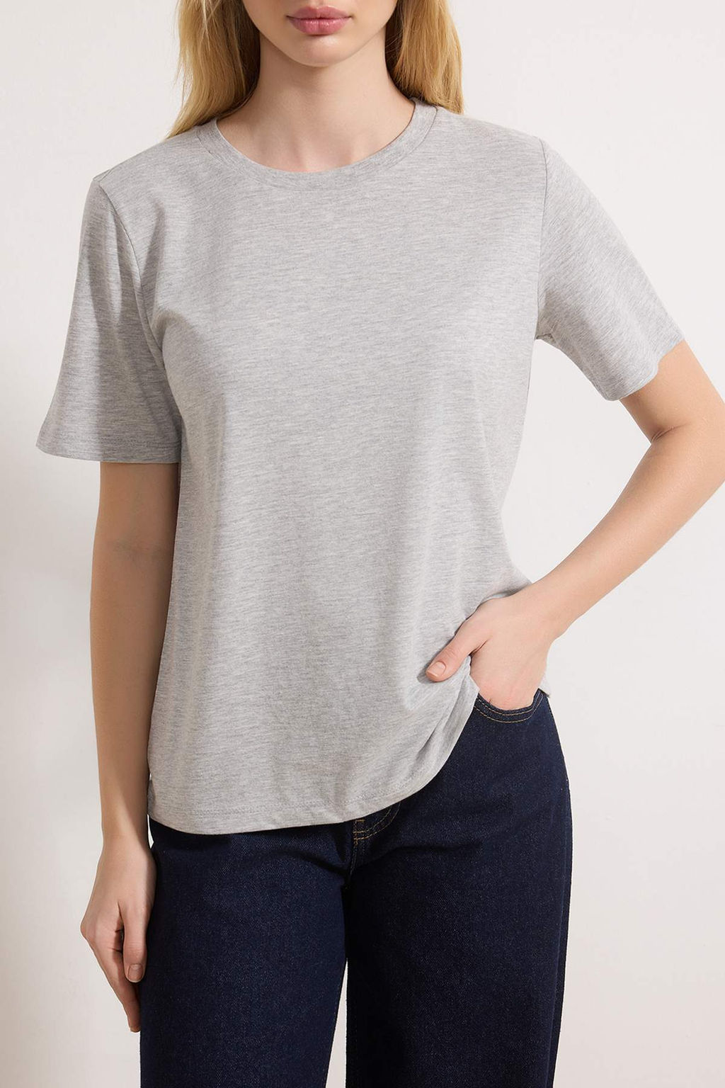 Lacivert-Gri Melanj-Ekru Cizgili 3lu Paket Basic Bisiklet Yaka Orme T-Shirt TWOSS20TS0146