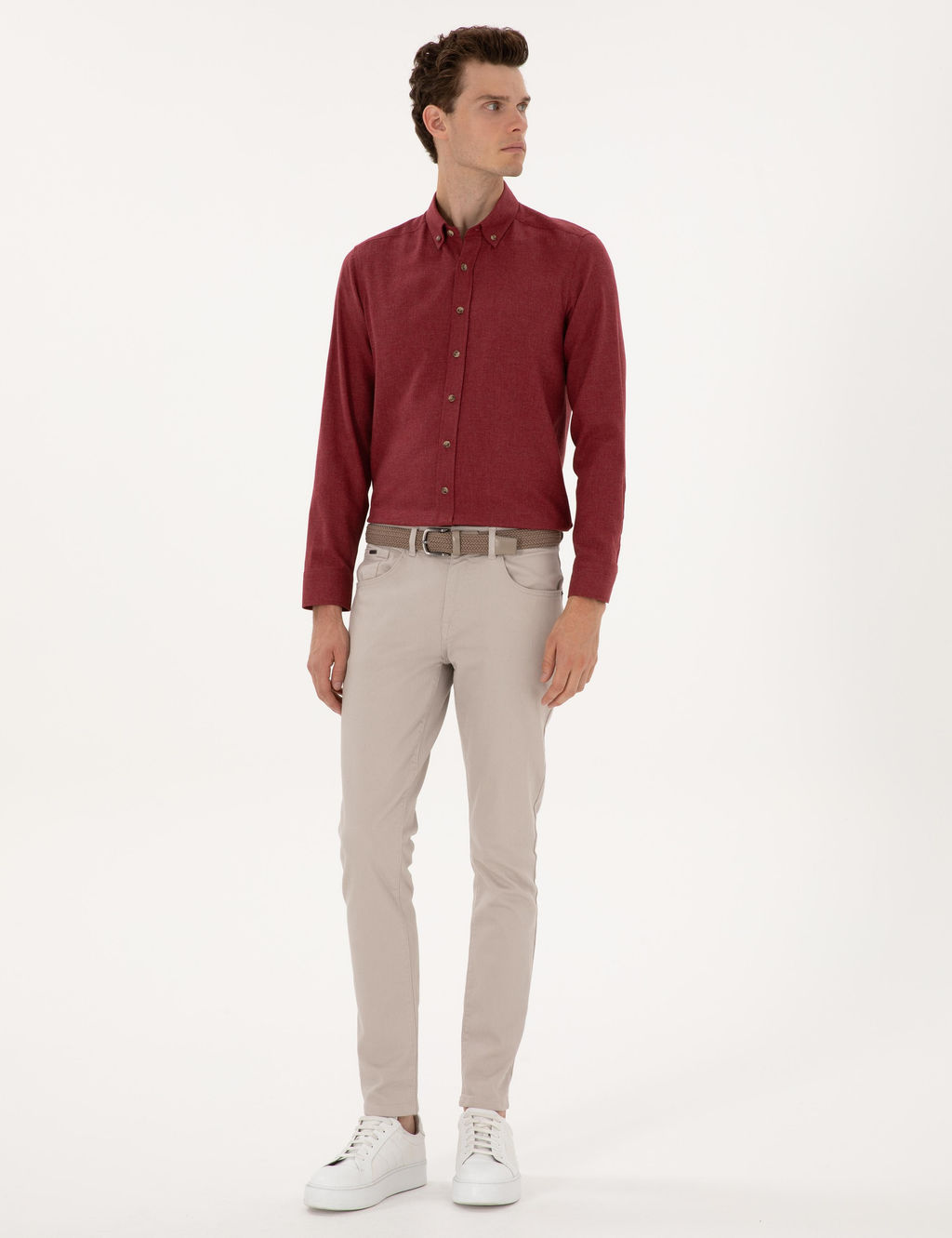 Bordo Flanel Dokulu Slim Fit Uzun Kollu G_mlek