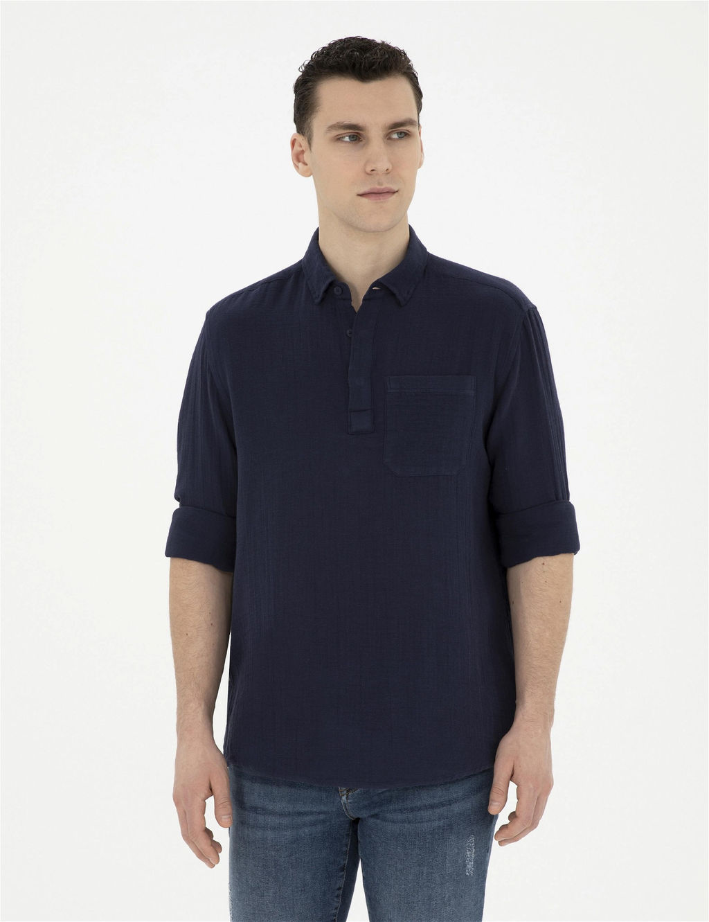 Lacivert Comfort Fit Uzun Kollu G_mlek