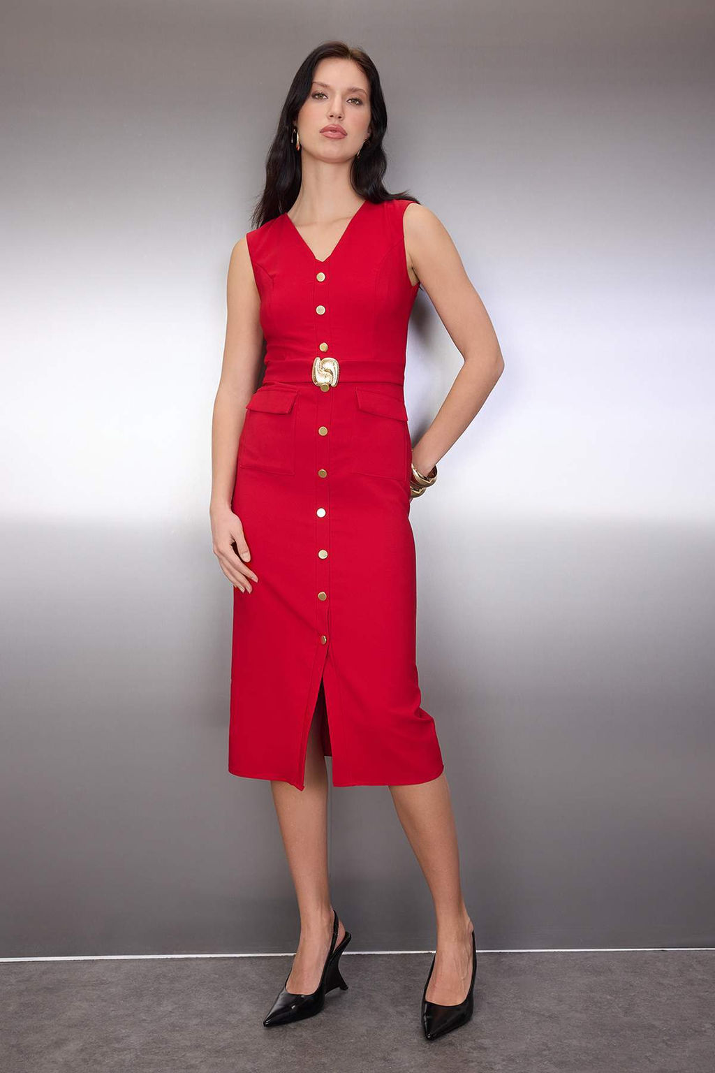 K?rm?z? Kemerli Duz Aksesuar Detayl? Midi Dokuma Elbise TWOAW26EL00073