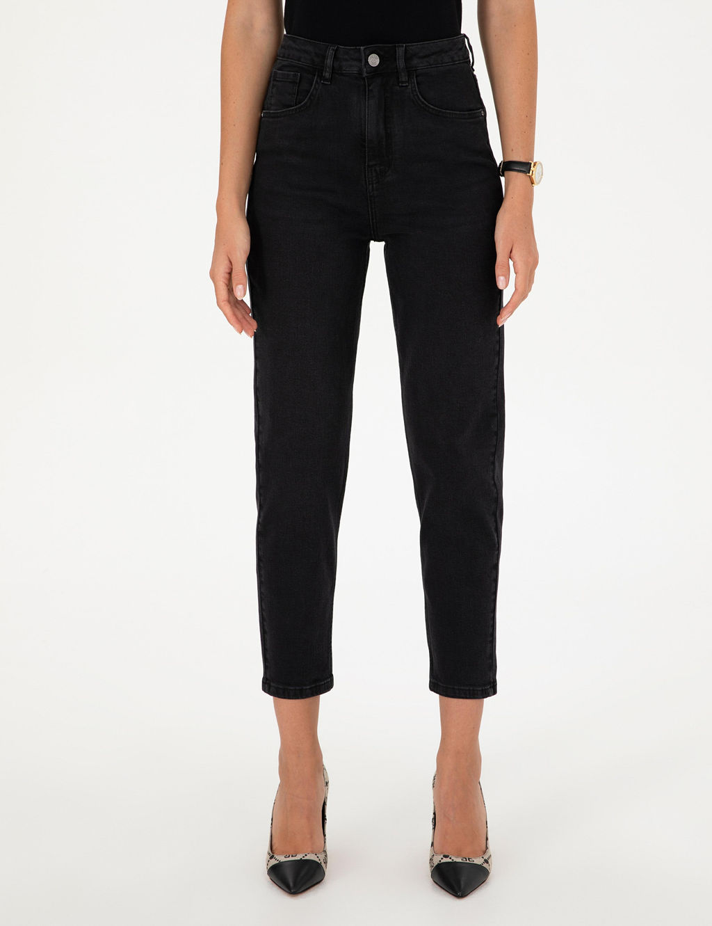 Siyah Mom Fit Geni_ Kal_p Jean Pantolon