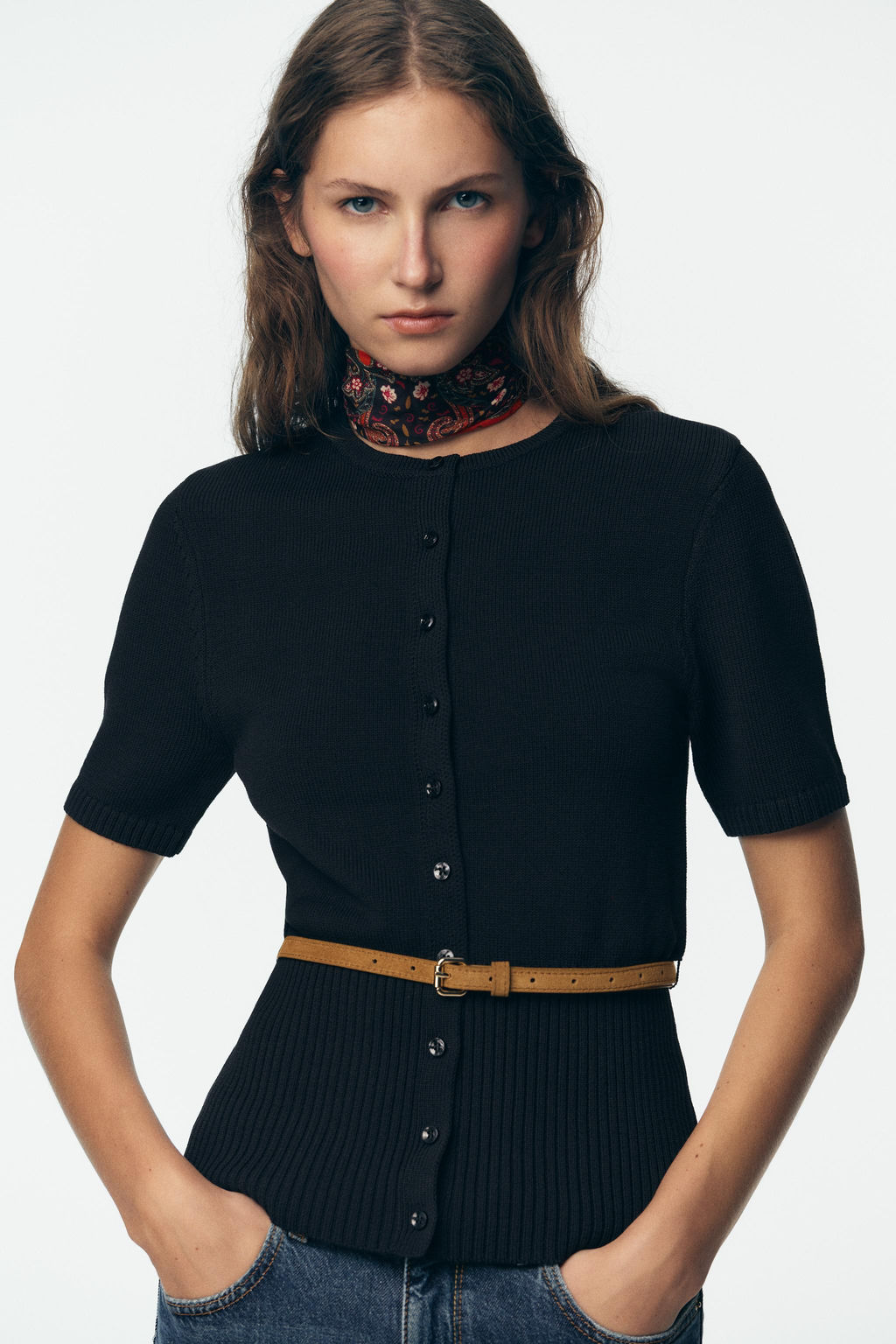 SHORT SLEEVE BELTED CARDIGAN