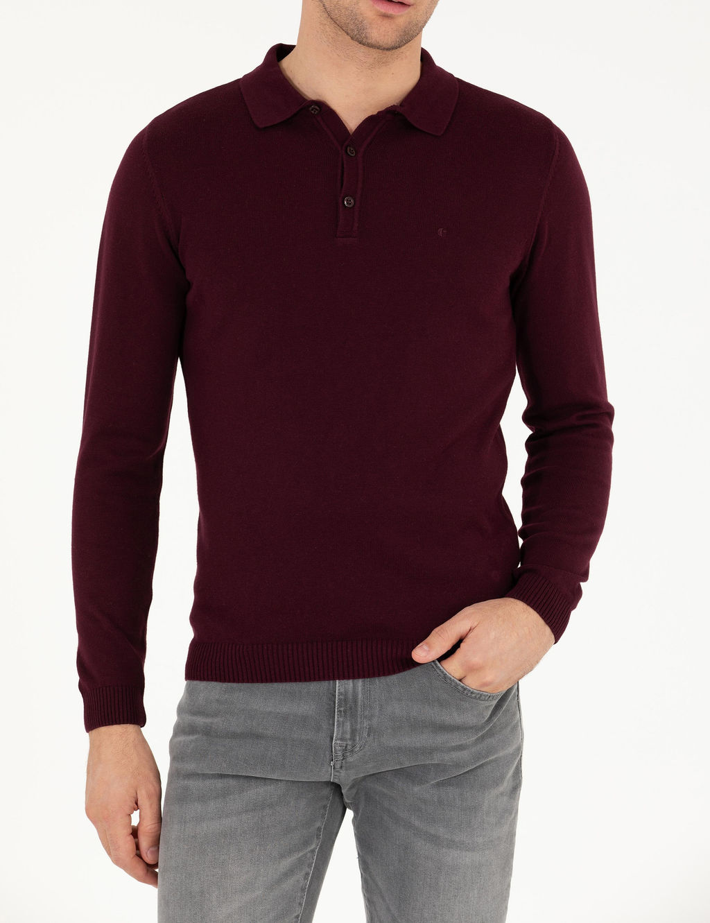 Бордово-красный базовый трикотажный свитер с воротником-поло приталенного кроя - Cacharel фото 6