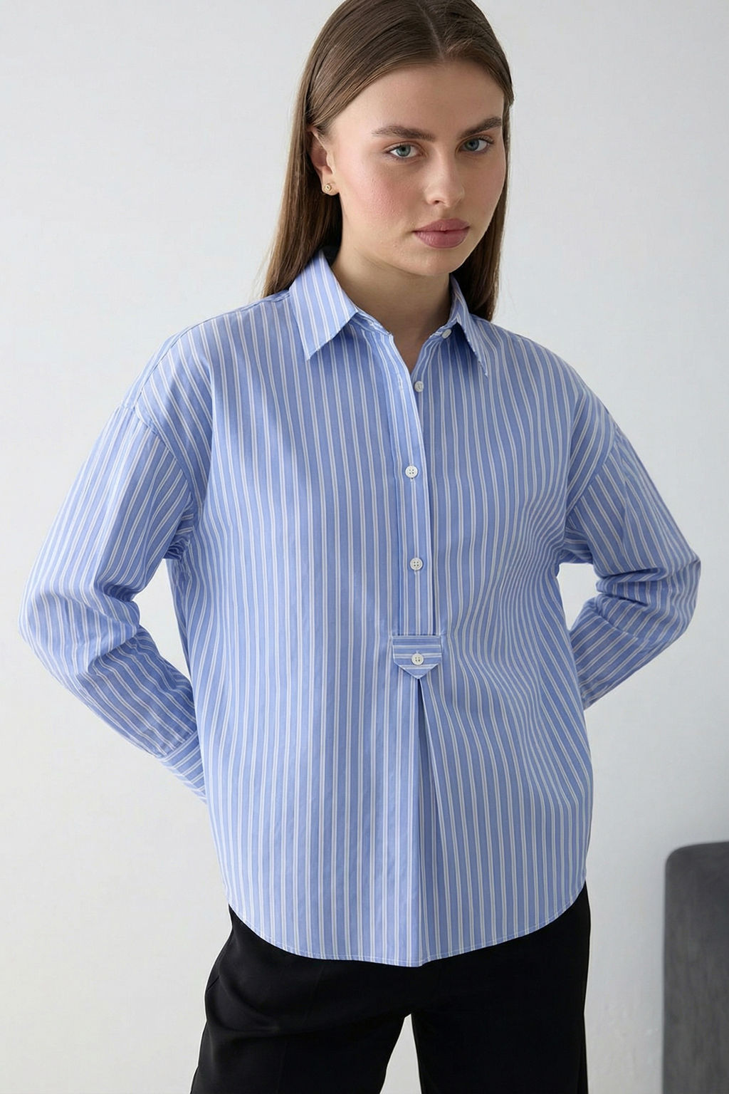 Koyu Kahverengi-Ekru Cizgili Yar?m Dugmeli Oversize Dokuma Bluz TWOSS26BZ00565 - Trendyolmilla фото 14