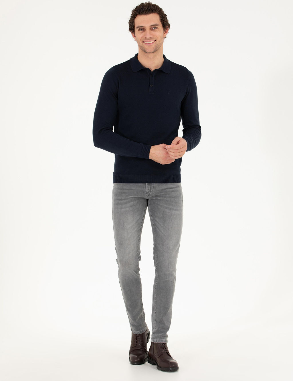 Базовый трикотажный свитер узкого кроя темно-синего цвета с воротником-поло - Cacharel фото 4