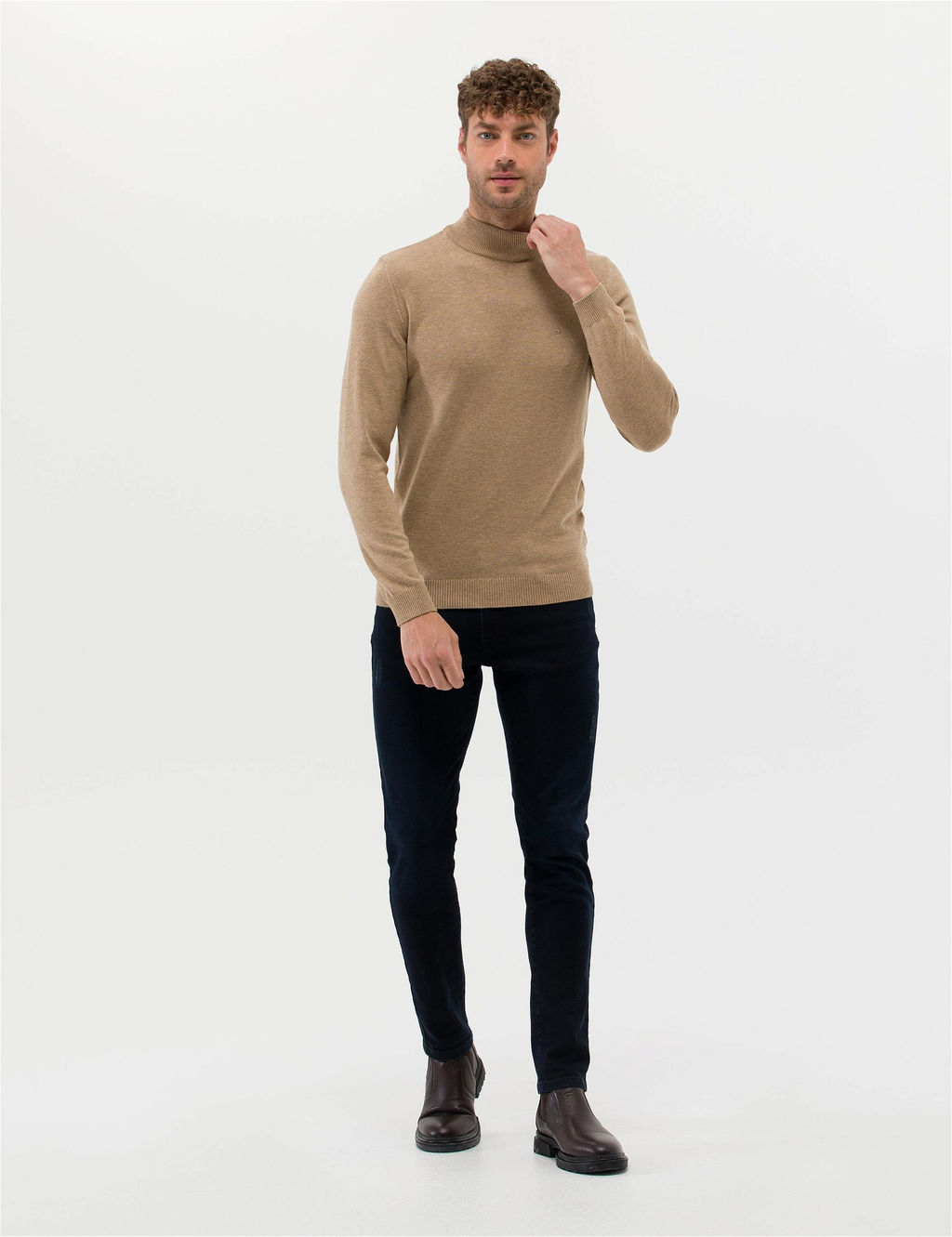 Camel Melanj Slim Fit Yar_m Bal_k__ Yaka Basic Triko Kazak