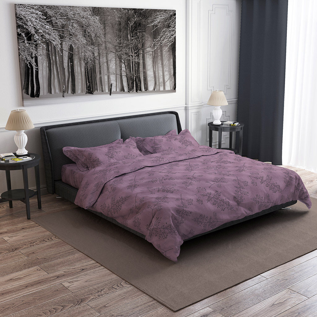 Постельное белье, комплект 1,5 спальный "Ботаника, ягодный", 4 предмета: пододеяльник 145х215см, простыня классическая 150х220см, 2 наволочки 70х70см с клапаном-запахом, бязь "Комфорт" 121г/м2, хлопок 100%, упаковка "классическая" ПВХ 32х41см, "Домаш