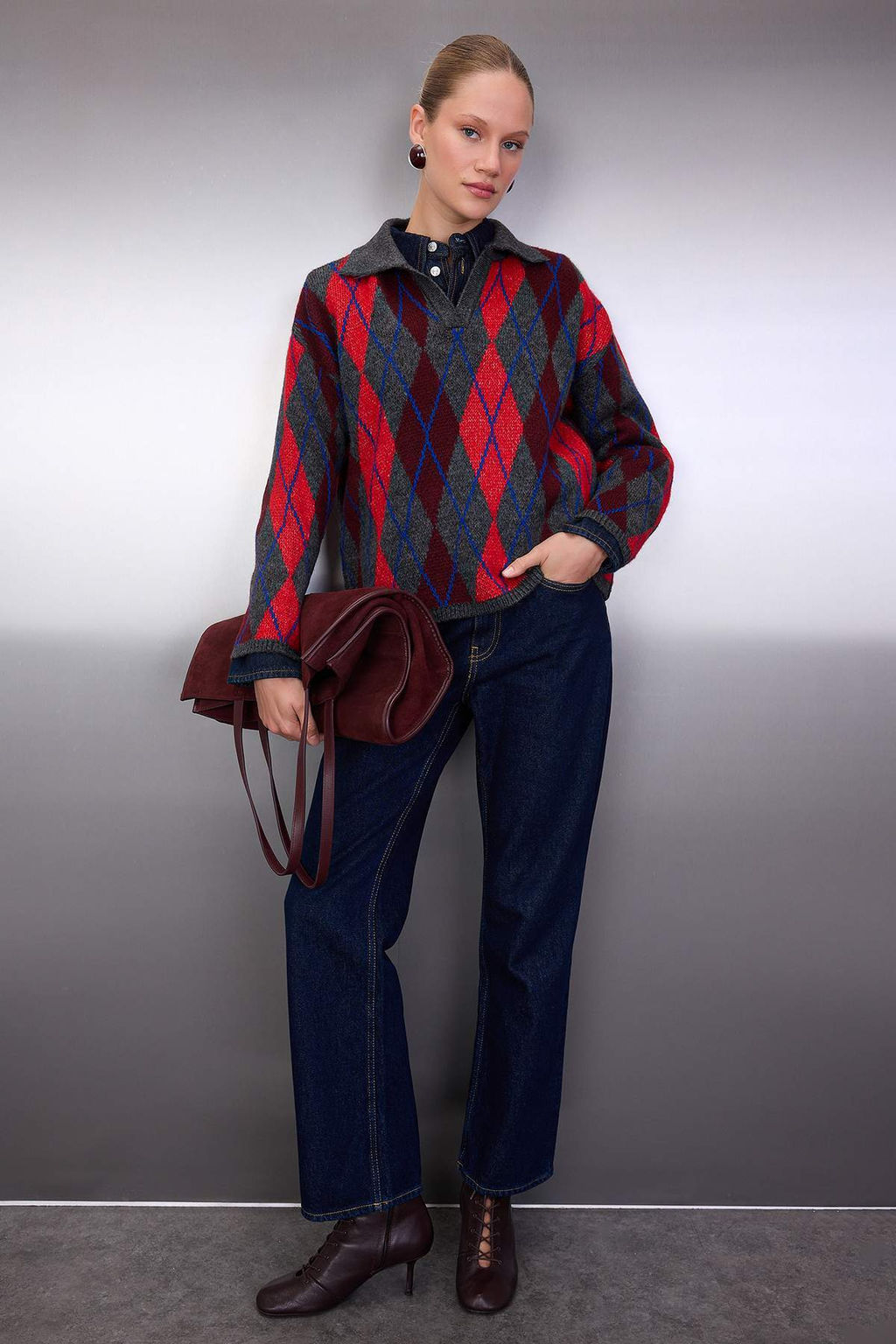 Antrasit Baklava/Ekose Desenli Polo Yaka Triko Kazak TWOAW26KZ00231 - Trendyolmilla фото 2