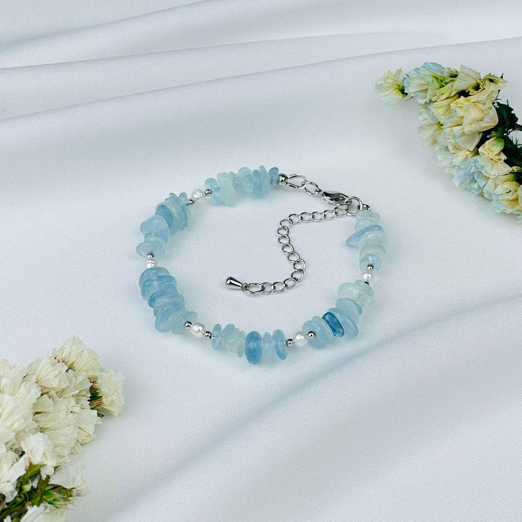 Браслет из Аквамарина и Жемчуга 17 см +