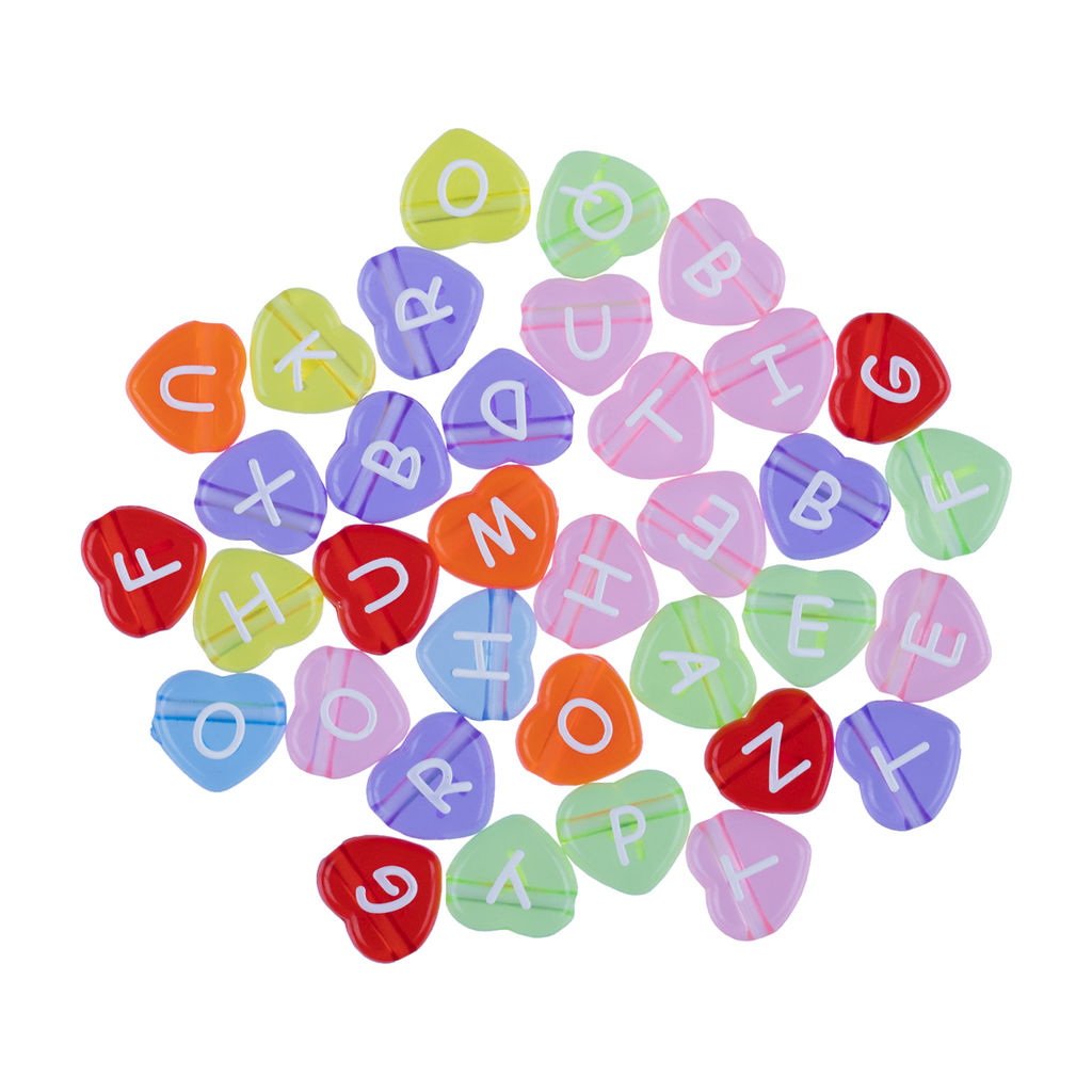 Бусина Hobbius пластик ABFG 4 х 12 мм 10 х 100 шт №01 прозрачные/цветные сердечки английский алфавит