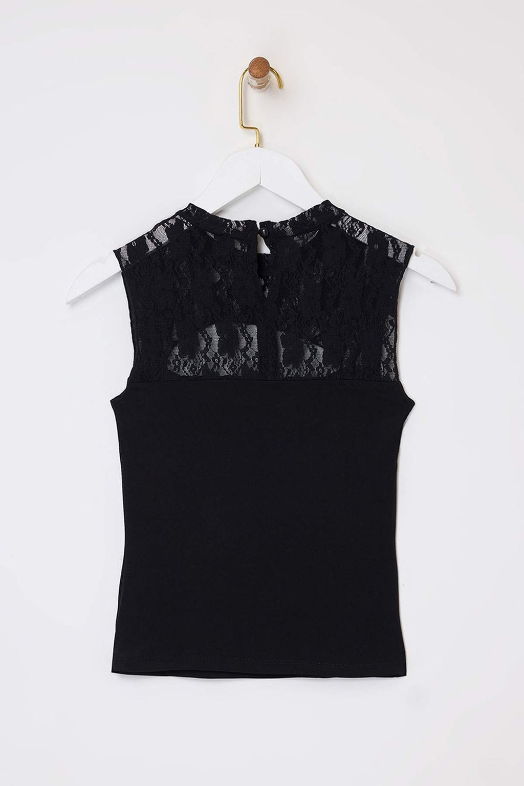 Siyah Fitted/Vucuda Oturan Dik Yaka Kolsuz Dantel Detayl? Esnek Orme Bluz TWOSS26BZ00036