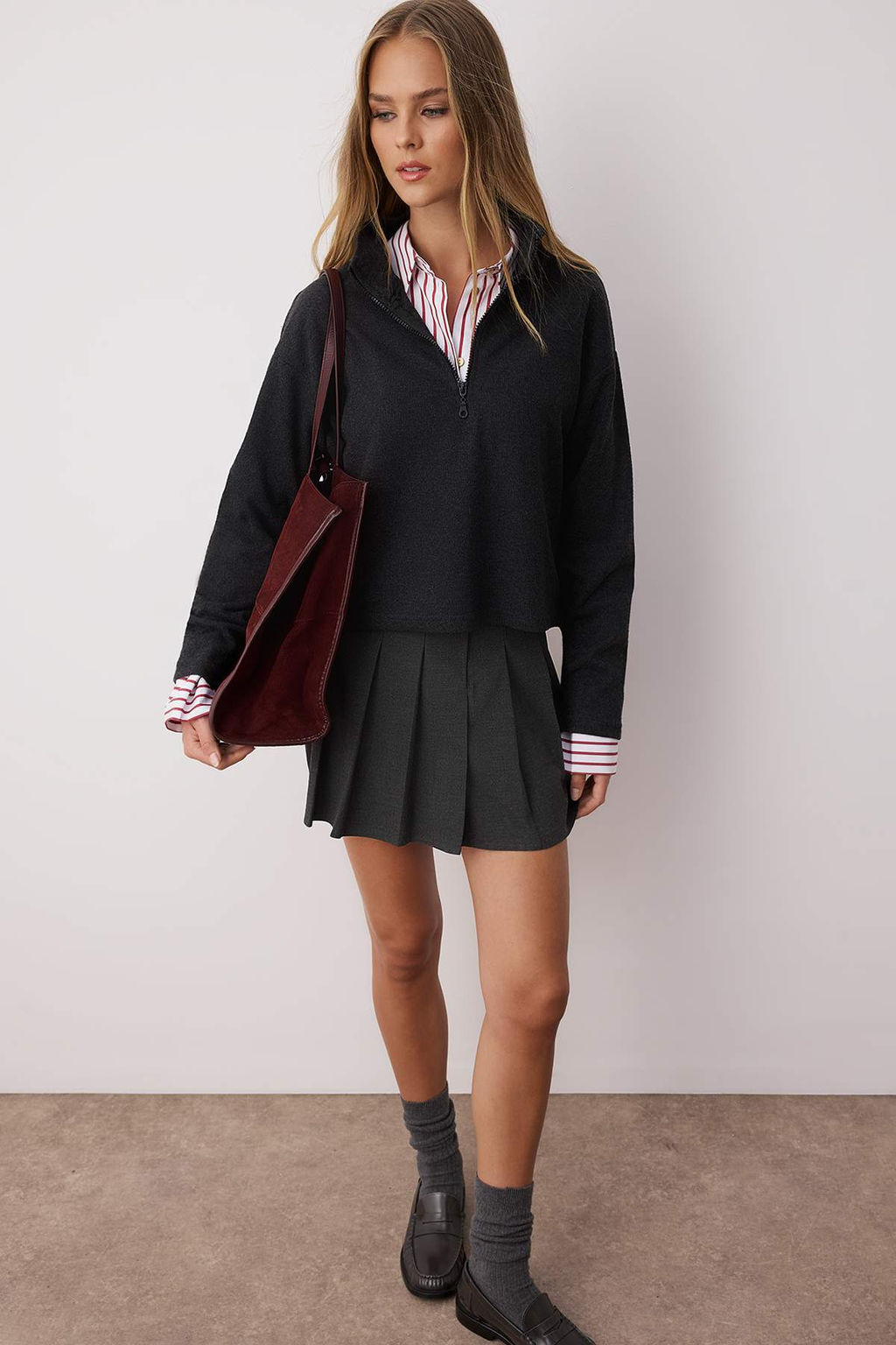 Antrasit Selanik/Triko Gorunumlu Fermuarl? Yaka Regular/Normal Kal?p Orme Sweatshirt TWOAW22SW0732