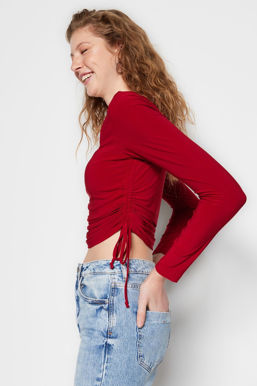 Trendyolmilla Lacivert Kare Yaka Buzgu Detayl? Fitted/Vucuda Oturan Crop Esnek Orme Bluz TWOAW22BZ0263  фото 7
