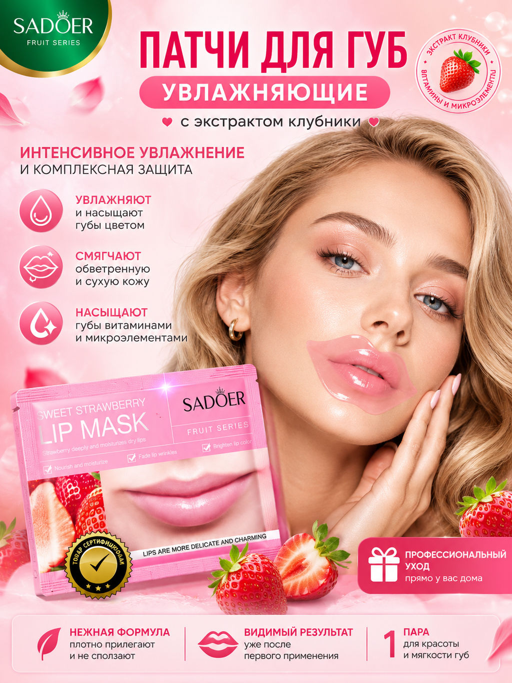 SADOER Увлажняющая и питательная маска для губ Sweet Strawberry Lip Mask  фото 16